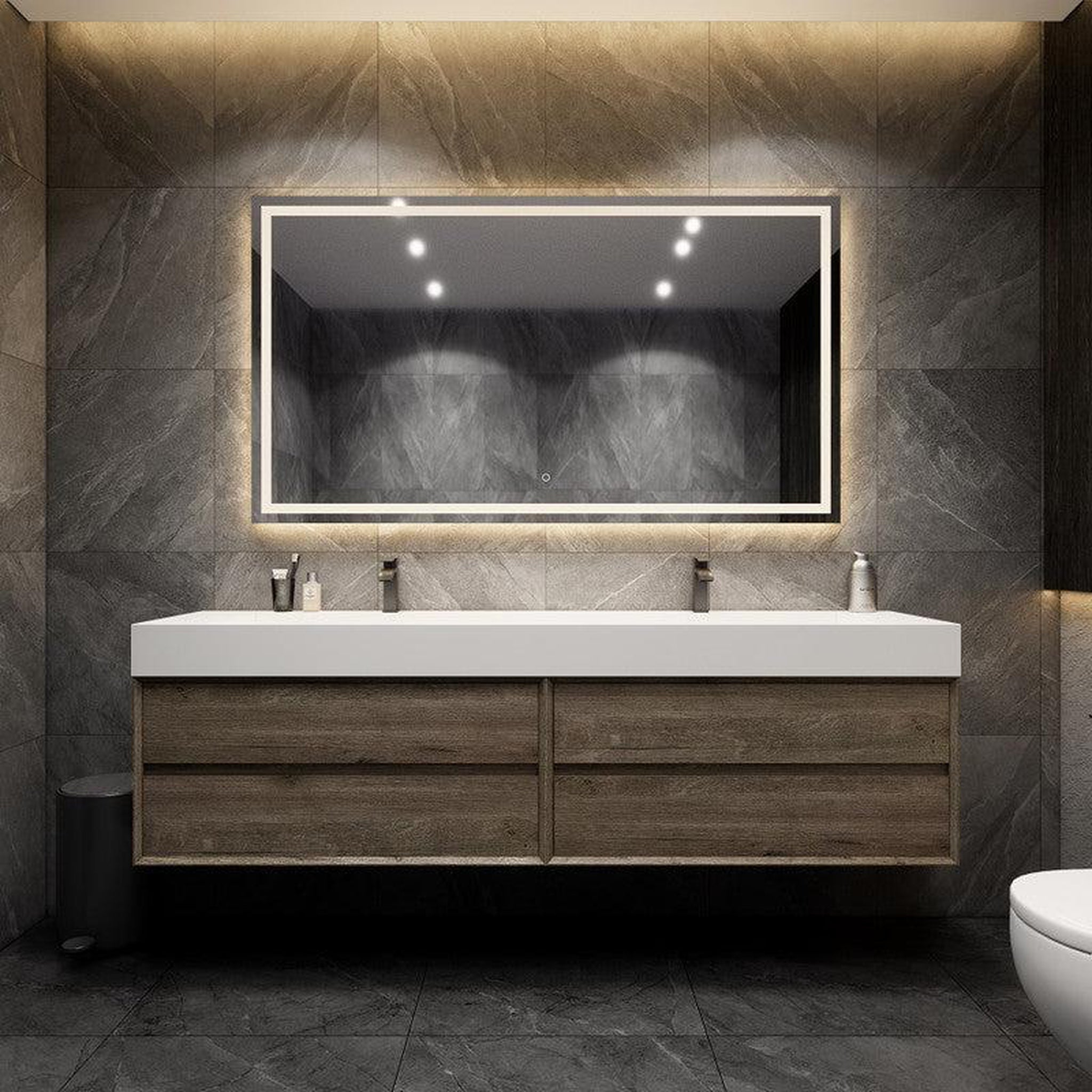 Prime 84&quot; Gray Oak Wall-Mounted Vanity With Double Faucet Holes and Reinforced White Acrylic Sink