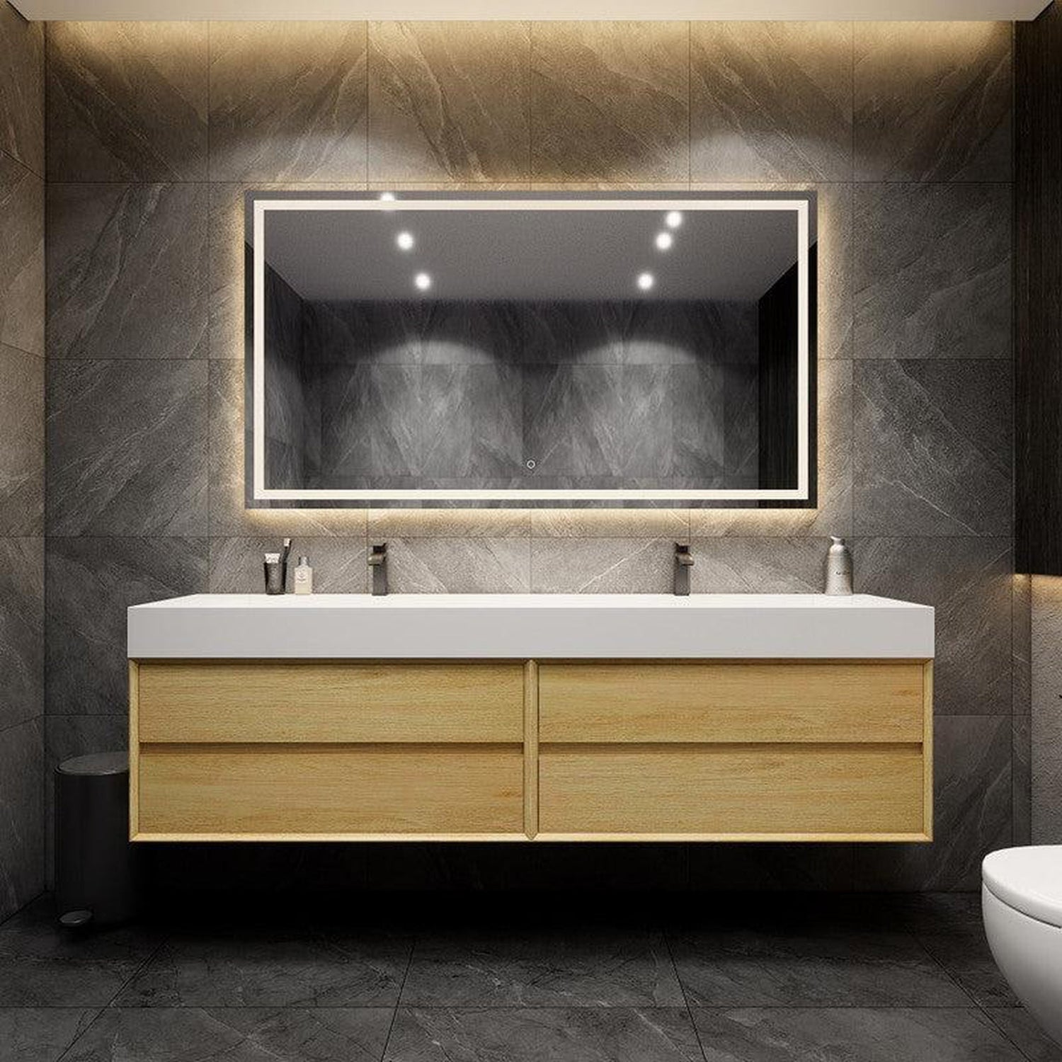 Prime 84&quot; Teak Oak Wall-Mounted Vanity With Double Faucet Holes and Reinforced White Acrylic Sink