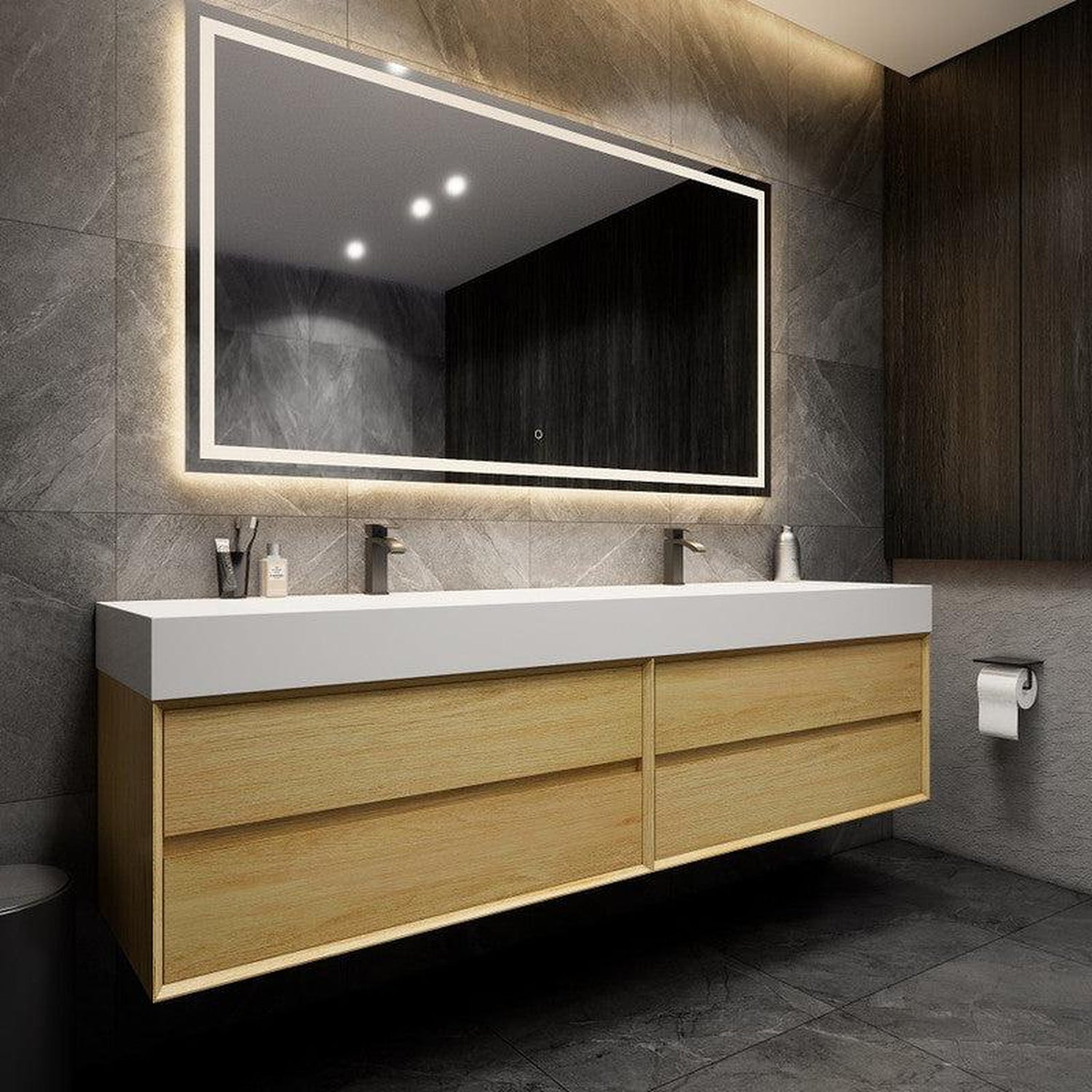 Prime 84&quot; Teak Oak Wall-Mounted Vanity With Double Faucet Holes and Reinforced White Acrylic Sink