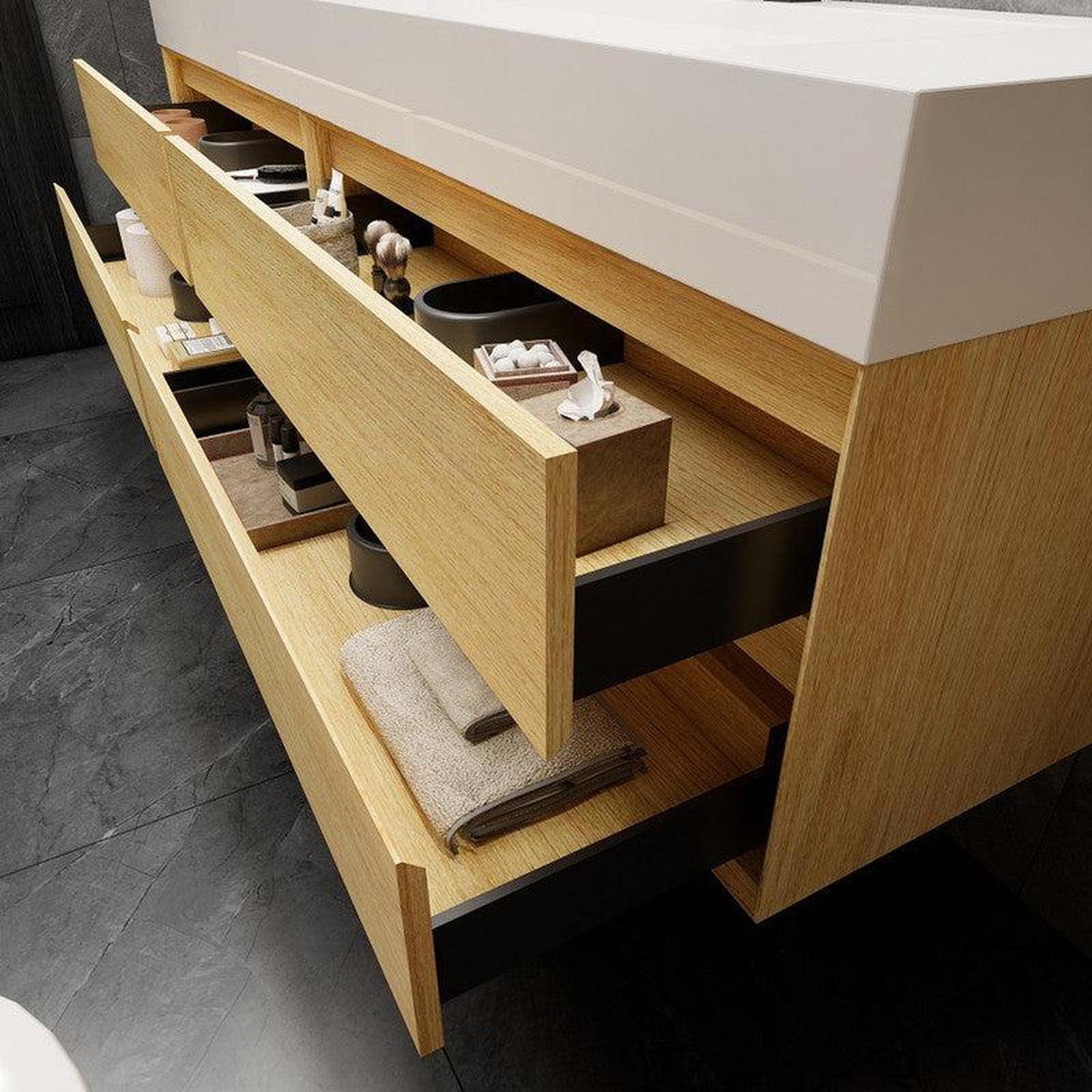 Prime 84&quot; Teak Oak Wall-Mounted Vanity With Double Faucet Holes and Reinforced White Acrylic Sink