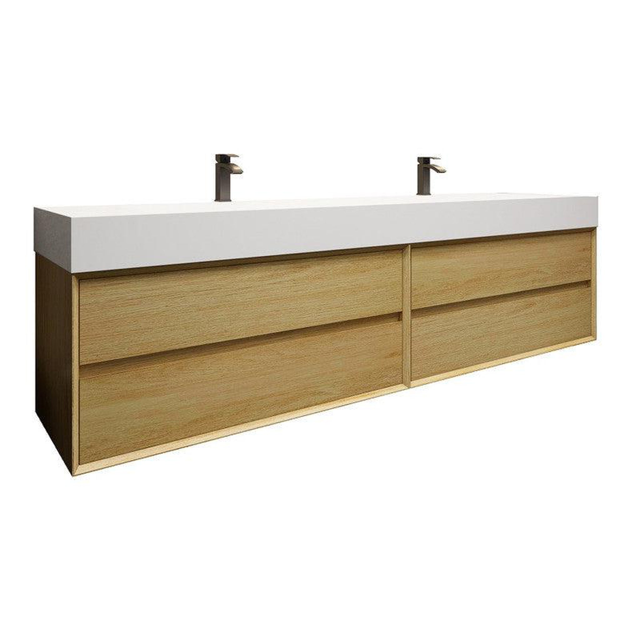 Prime 84&quot; Teak Oak Wall-Mounted Vanity With Double Faucet Holes and Reinforced White Acrylic Sink