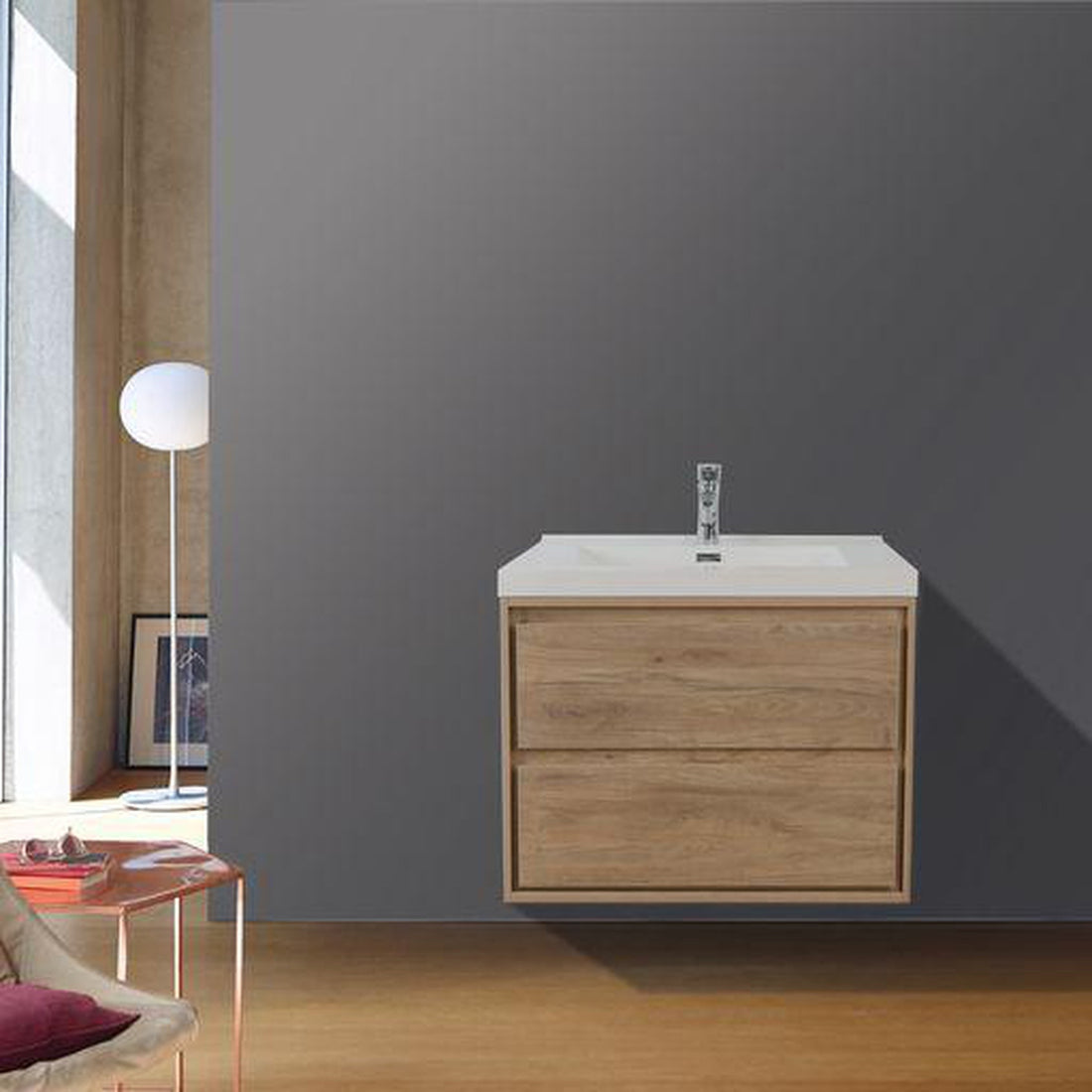 Eden 24&quot; White Oak Wall-Mounted Modern Vanity With Single Reinforced White Acrylic Sink