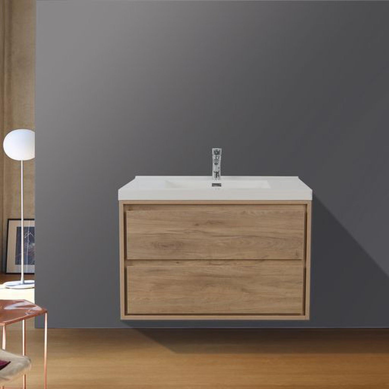 Eden 36&quot; White Oak Wall-Mounted Modern Vanity With Single Reinforced White Acrylic Sink