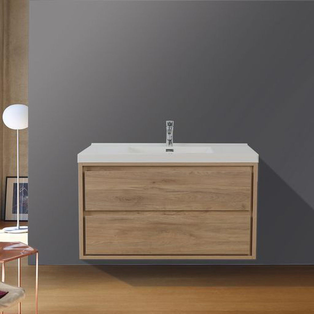 Eden 42&quot; White Oak Wall-Mounted Modern Vanity With Single Reinforced White Acrylic Sink