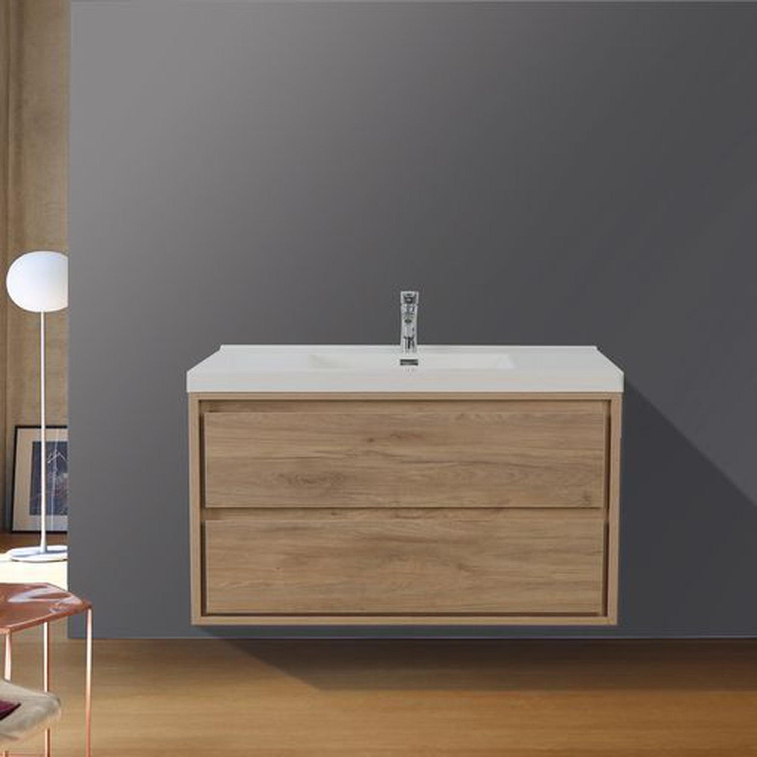 Eden 42&quot; White Oak Wall-Mounted Modern Vanity With Single Reinforced White Acrylic Sink