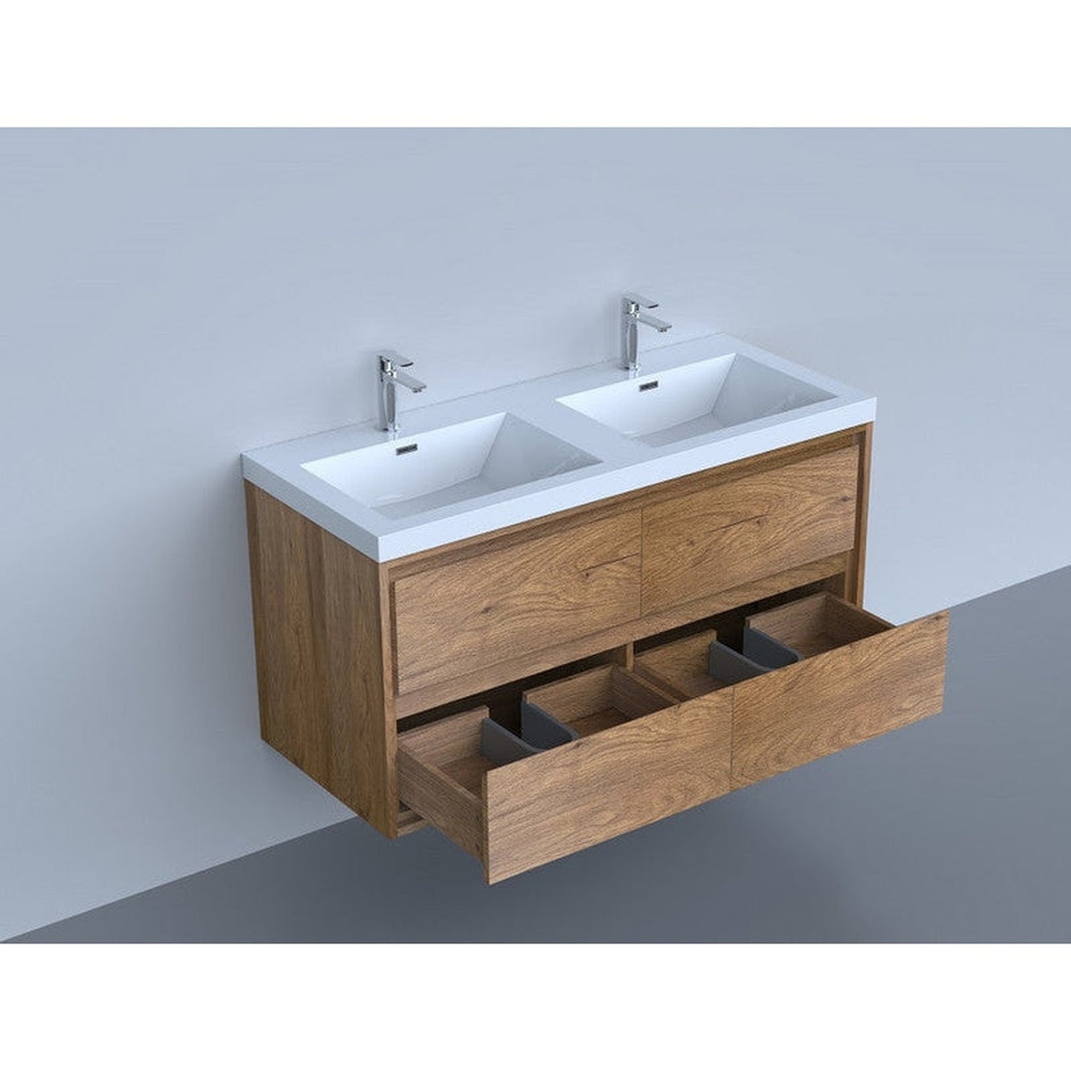 Eden 48&quot; White Oak Wall-Mounted Modern Vanity With Double Reinforced White Acrylic Sinks