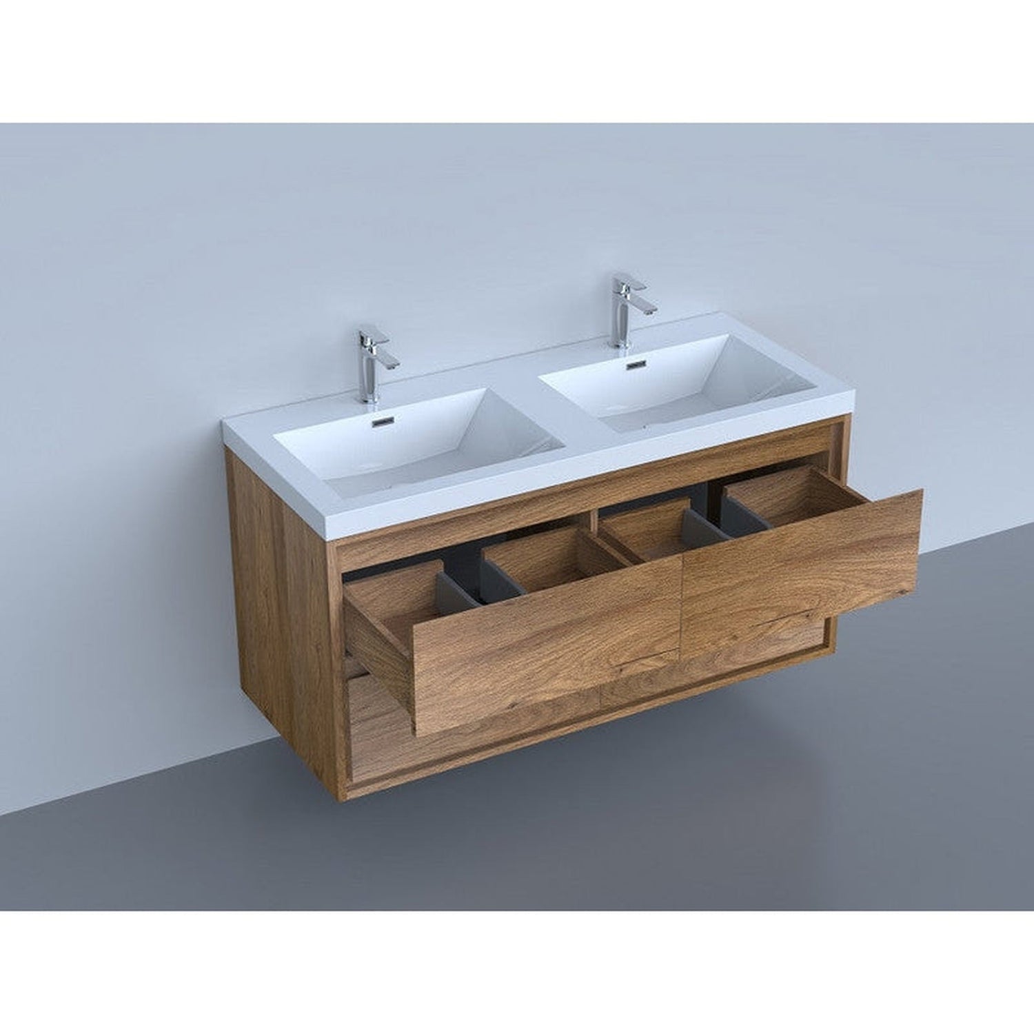 Eden 48&quot; White Oak Wall-Mounted Modern Vanity With Double Reinforced White Acrylic Sinks