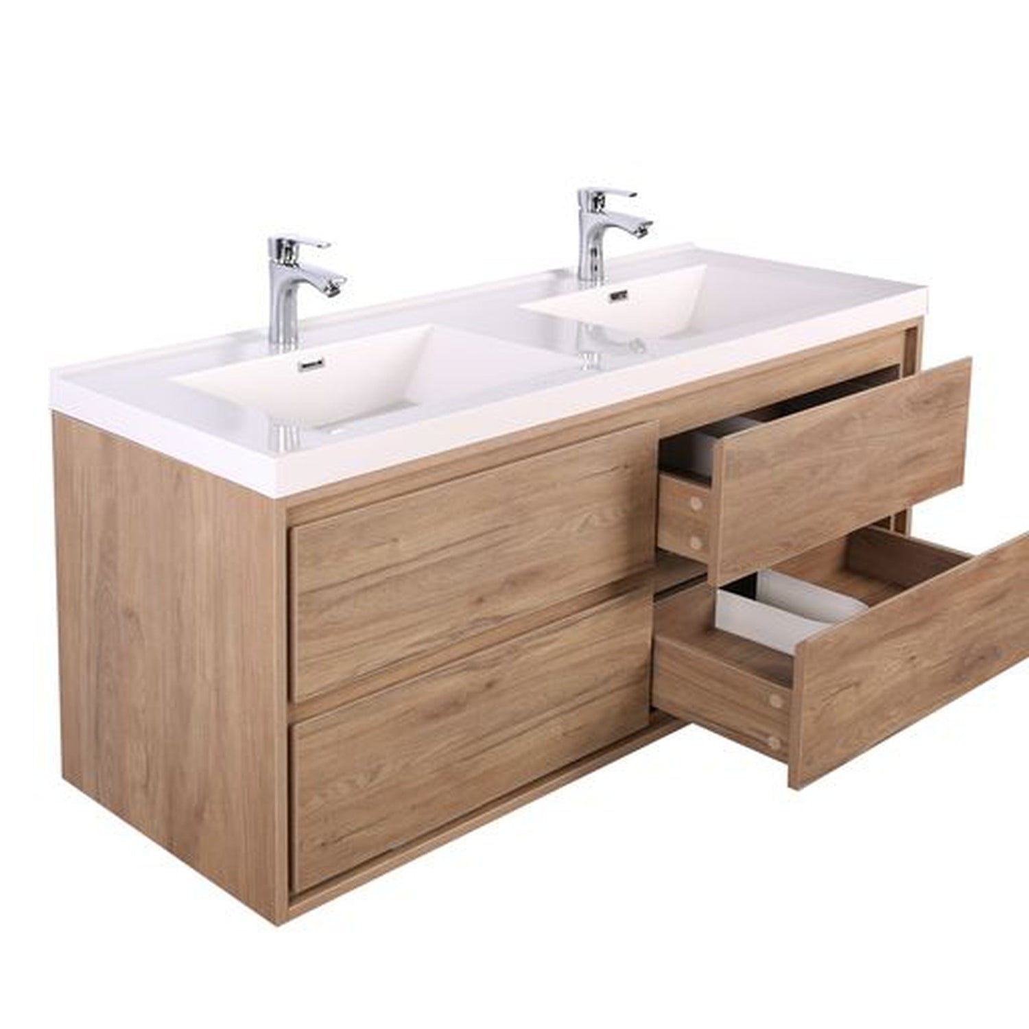 Eden 48&quot; White Oak Wall-Mounted Modern Vanity With Double Reinforced White Acrylic Sinks