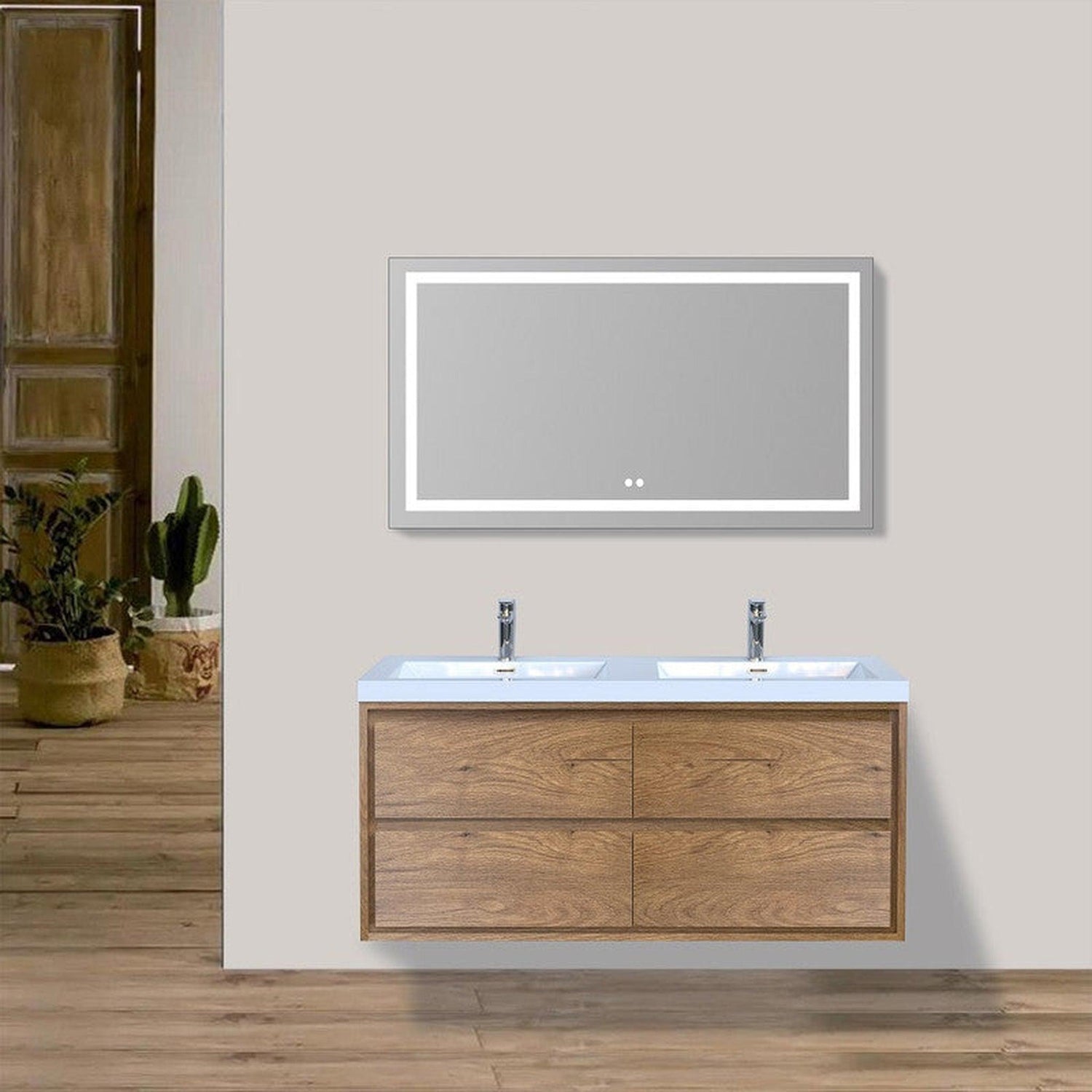 Eden 48&quot; White Oak Wall-Mounted Modern Vanity With Double Reinforced White Acrylic Sinks