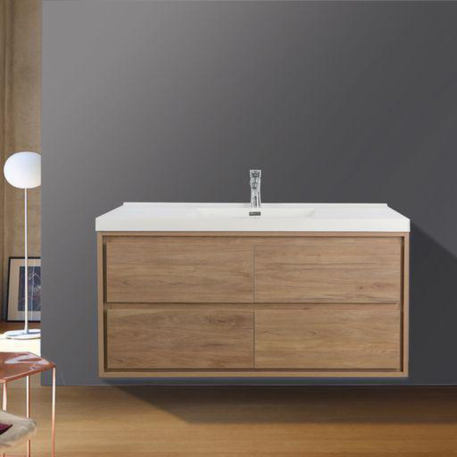 Eden 48&quot; White Oak Wall-Mounted Modern Vanity With Single Reinforced White Acrylic Sink