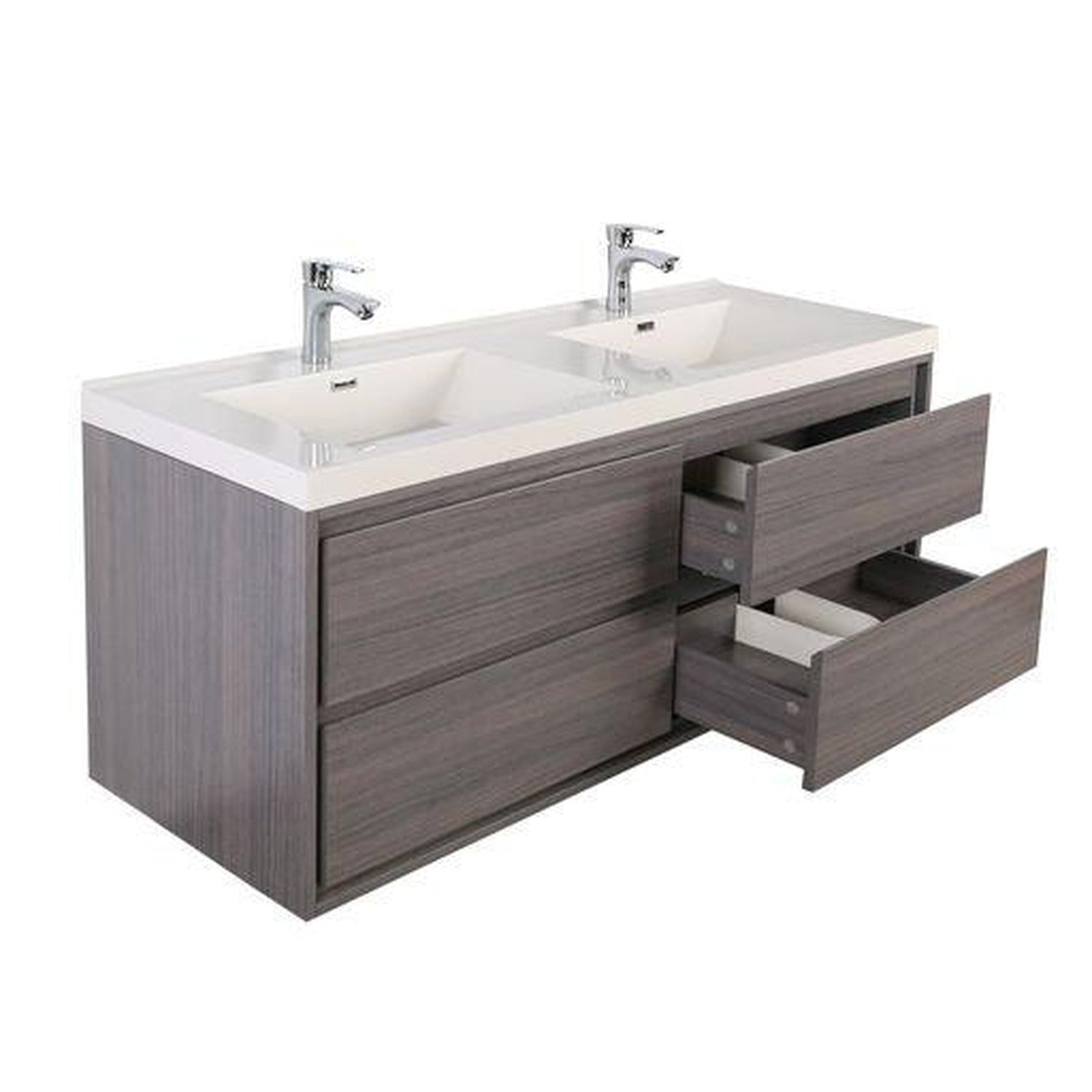 Eden 60&quot; Dark Gray Oak Wall-Mounted Modern Vanity With Double Reinforced White Acrylic Sinks