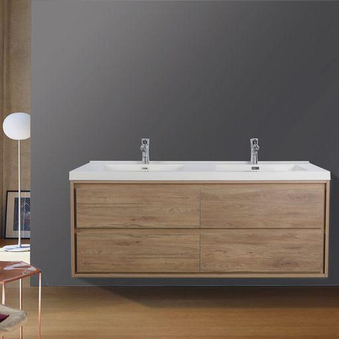 Eden 60&quot; White Oak Wall-Mounted Modern Vanity With Double Reinforced White Acrylic Sinks