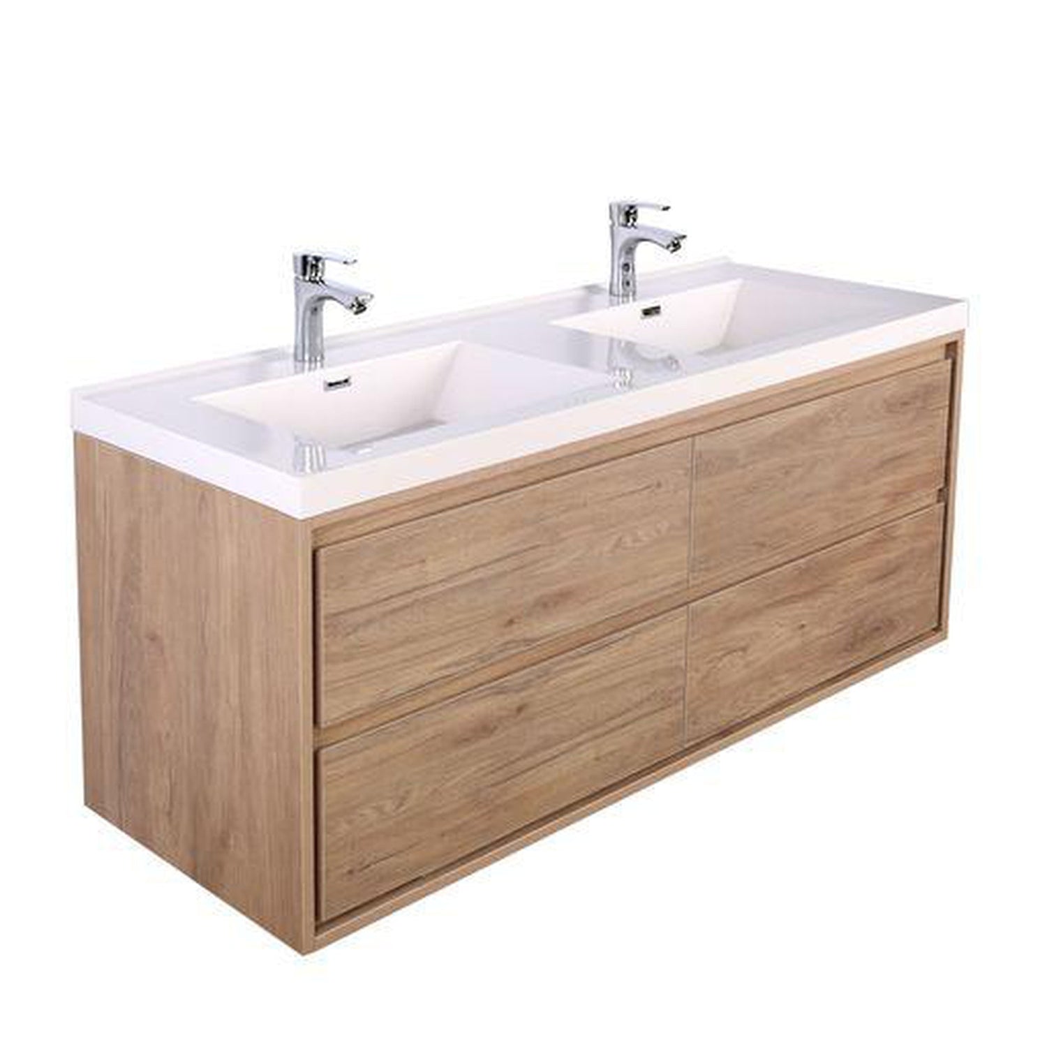 Eden 60&quot; White Oak Wall-Mounted Modern Vanity With Double Reinforced White Acrylic Sinks