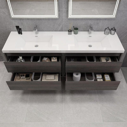 Eden 72&quot; 3-Piece Dark Gray Oak Wall-Mounted Modern Vanity With Double Reinforced White Acrylic Sinks