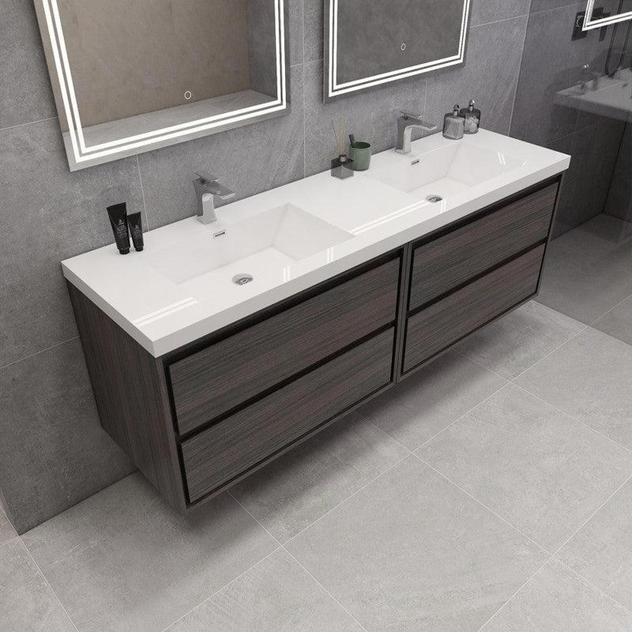 Eden 72&quot; 3-Piece Dark Gray Oak Wall-Mounted Modern Vanity With Double Reinforced White Acrylic Sinks