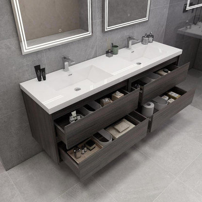 Eden 72&quot; 3-Piece Dark Gray Oak Wall-Mounted Modern Vanity With Double Reinforced White Acrylic Sinks