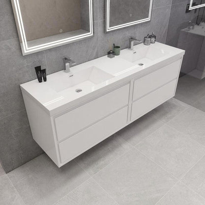 Eden 72&quot; 3-Piece High Gloss White Wall-Mounted Modern Vanity With Double Reinforced White Acrylic Sinks