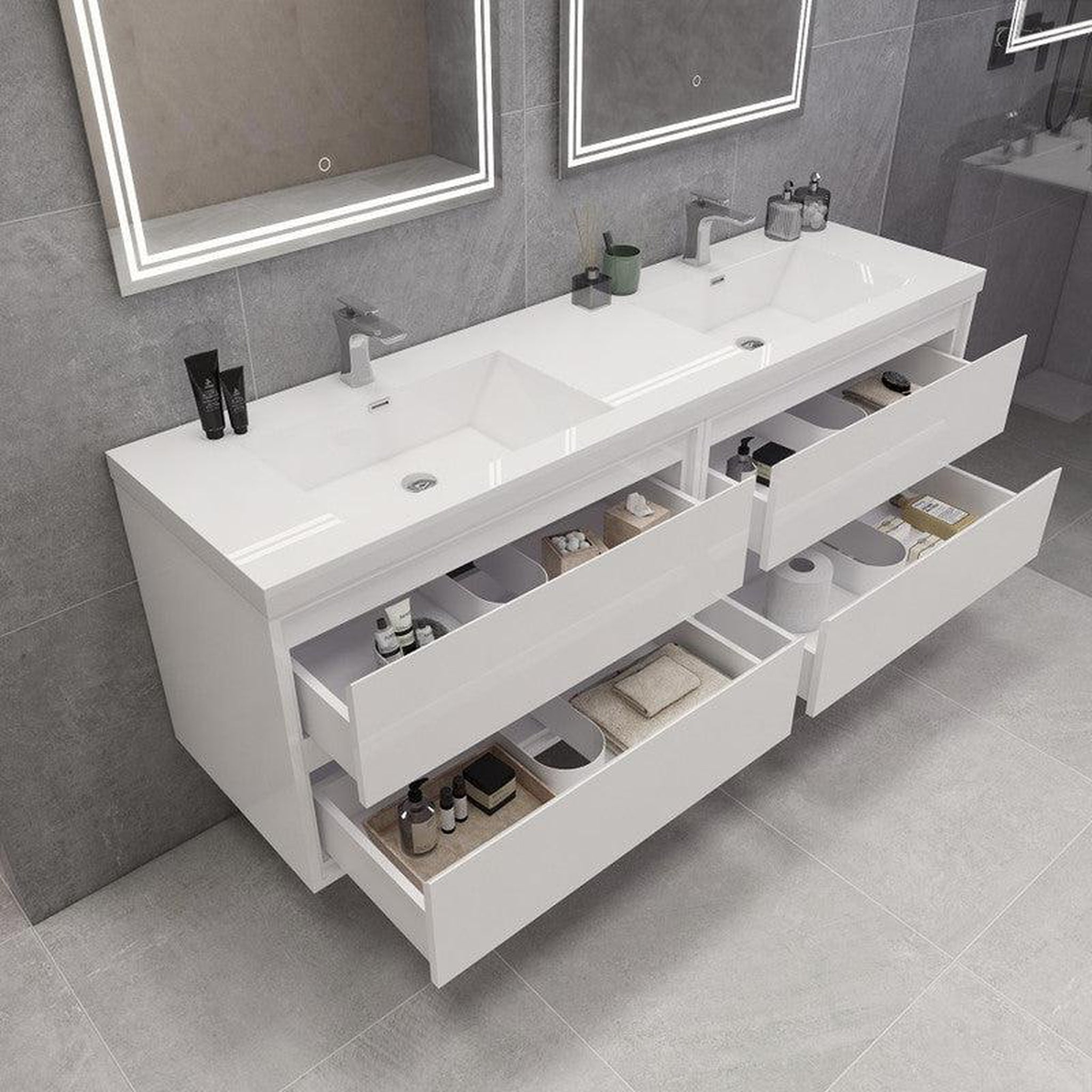 Eden 72&quot; 3-Piece High Gloss White Wall-Mounted Modern Vanity With Double Reinforced White Acrylic Sinks