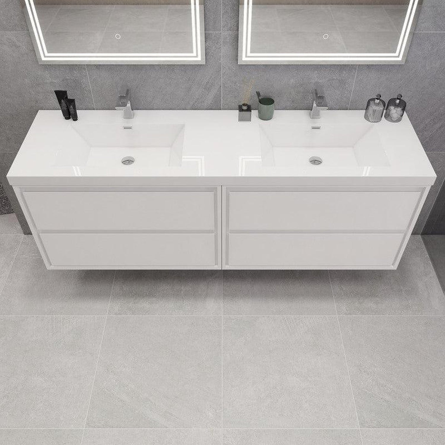 Eden 72&quot; 3-Piece High Gloss White Wall-Mounted Modern Vanity With Double Reinforced White Acrylic Sinks