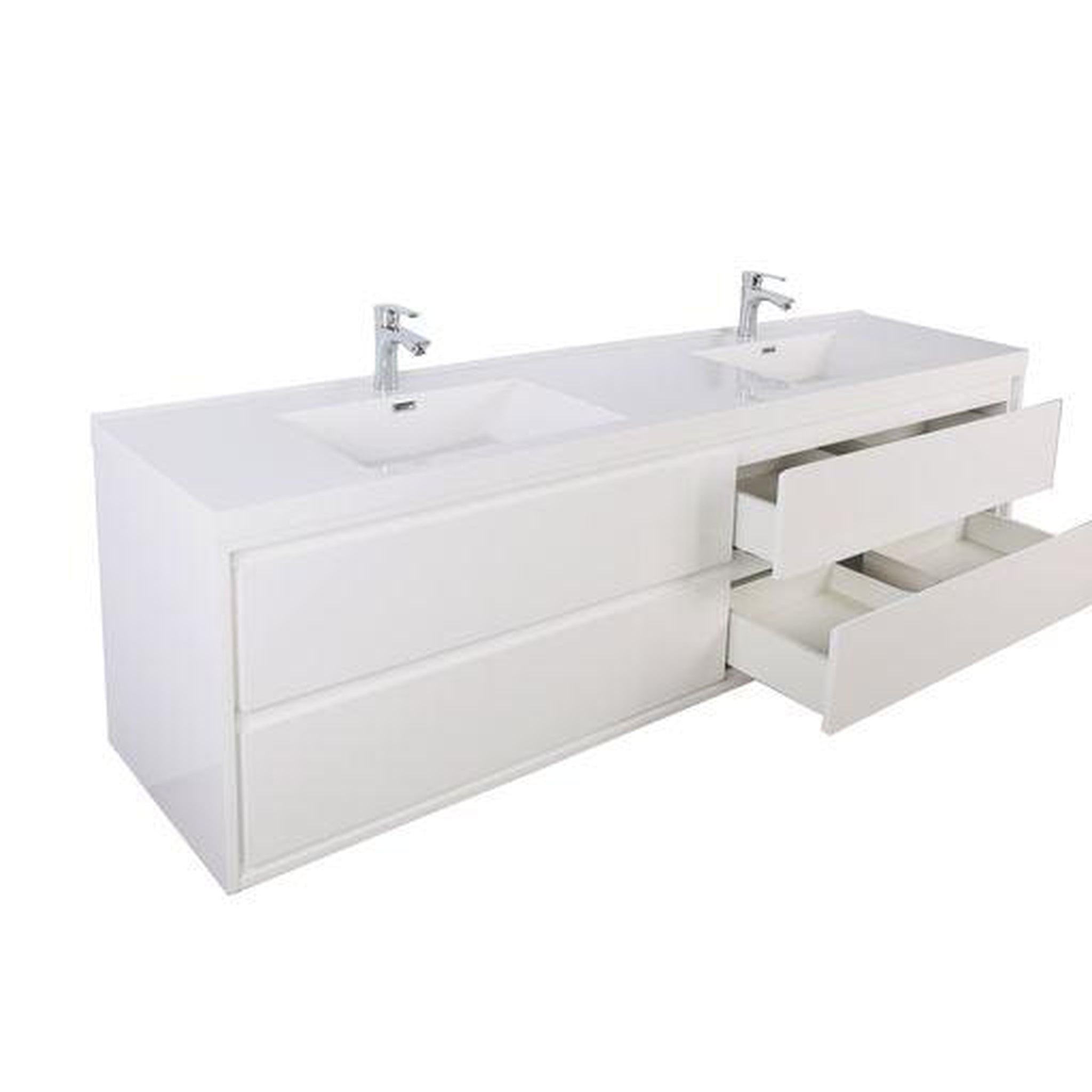 Eden 72&quot; 3-Piece High Gloss White Wall-Mounted Modern Vanity With Double Reinforced White Acrylic Sinks