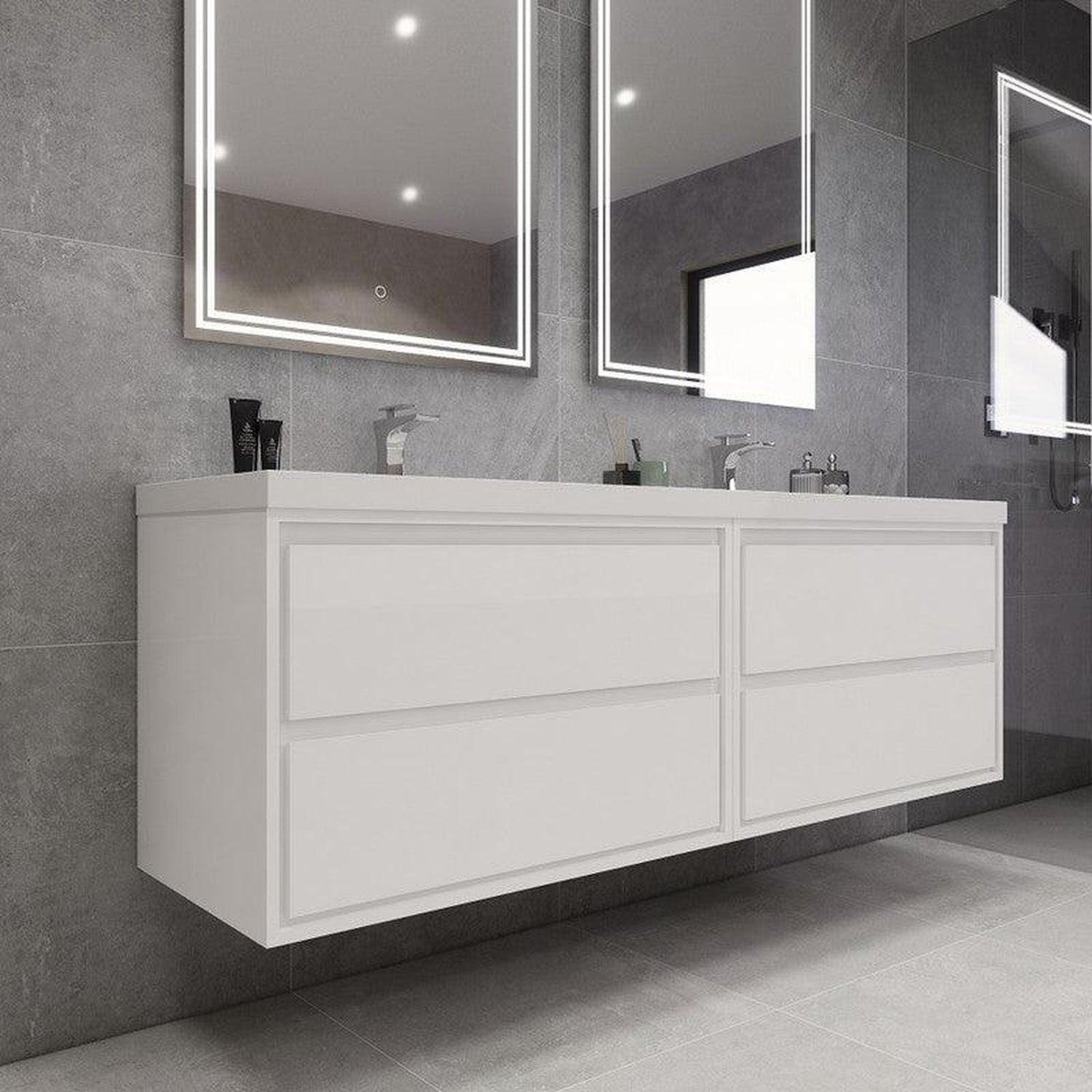 Eden 72&quot; 3-Piece High Gloss White Wall-Mounted Modern Vanity With Double Reinforced White Acrylic Sinks