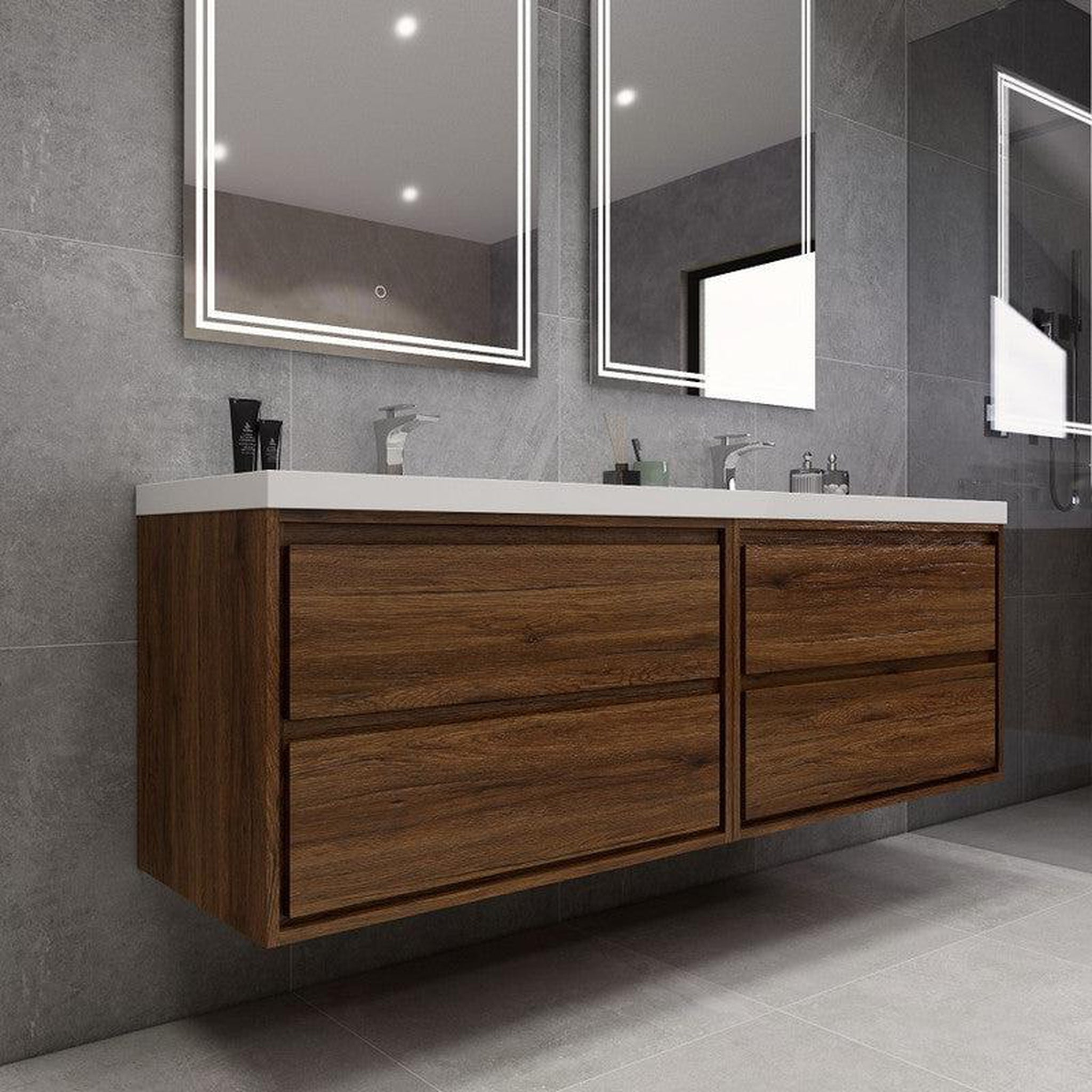 Eden 72&quot; 3-Piece Rosewood Wall-Mounted Modern Vanity With Double Reinforced White Acrylic Sinks