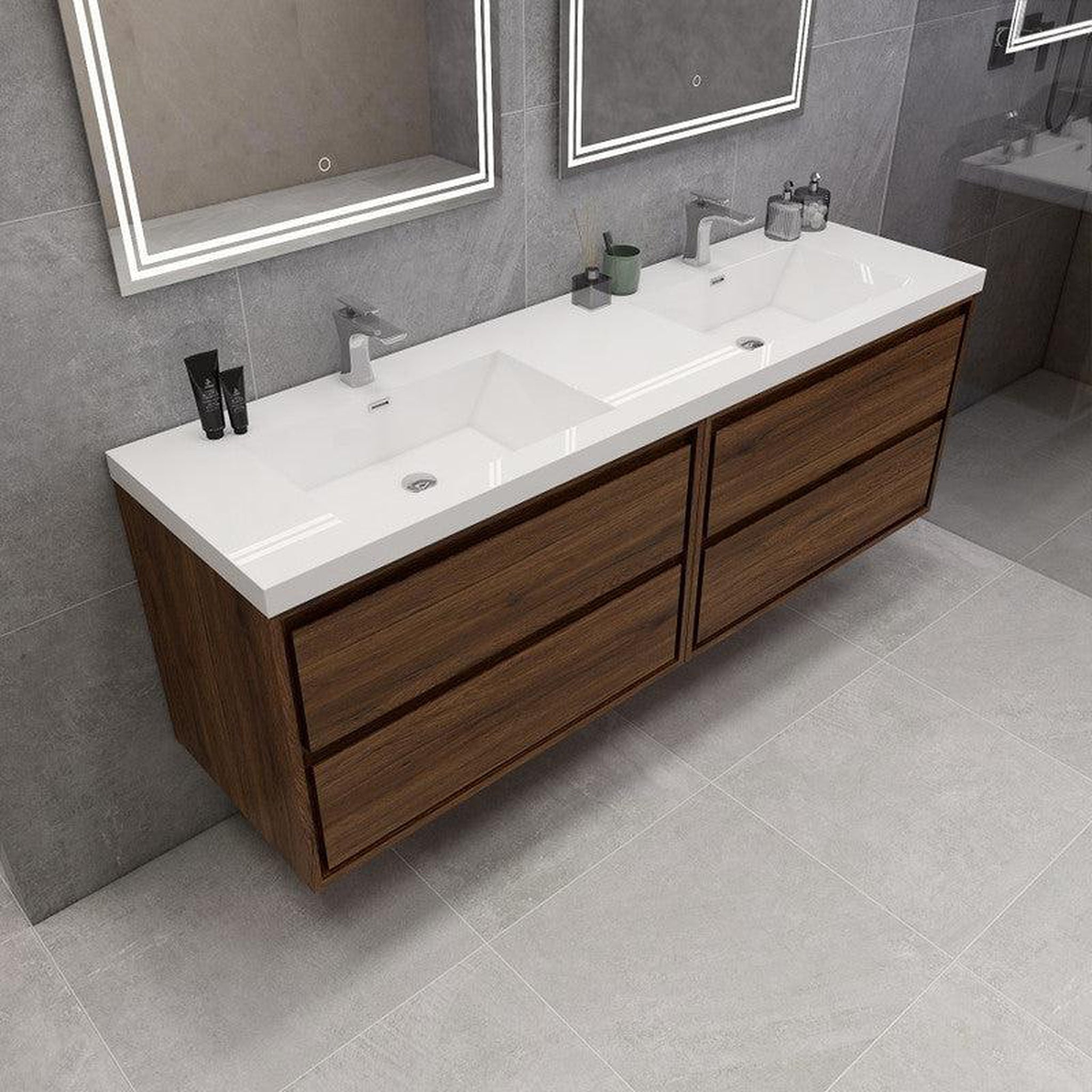 Eden 72&quot; 3-Piece Rosewood Wall-Mounted Modern Vanity With Double Reinforced White Acrylic Sinks