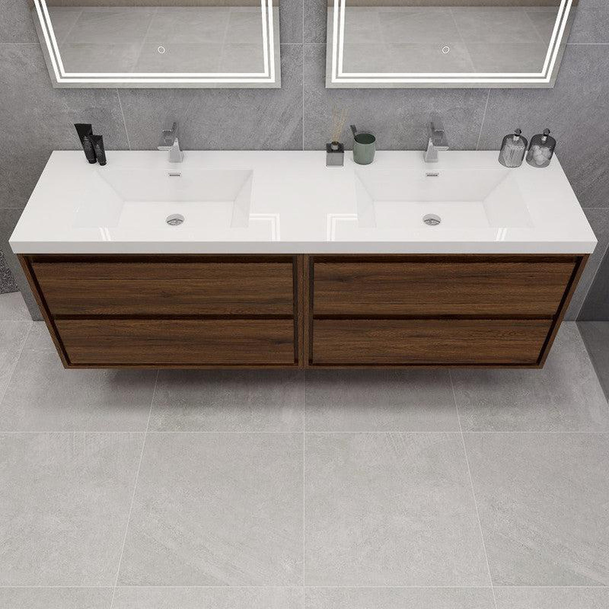 Eden 72&quot; 3-Piece Rosewood Wall-Mounted Modern Vanity With Double Reinforced White Acrylic Sinks