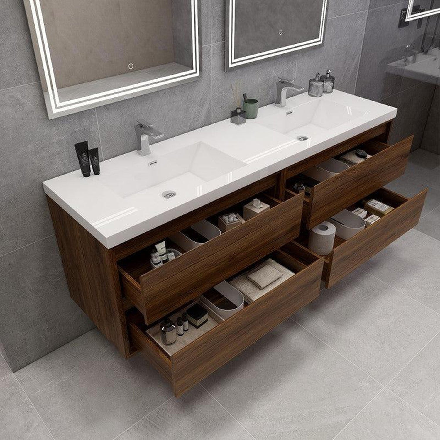 Eden 72&quot; 3-Piece Rosewood Wall-Mounted Modern Vanity With Double Reinforced White Acrylic Sinks