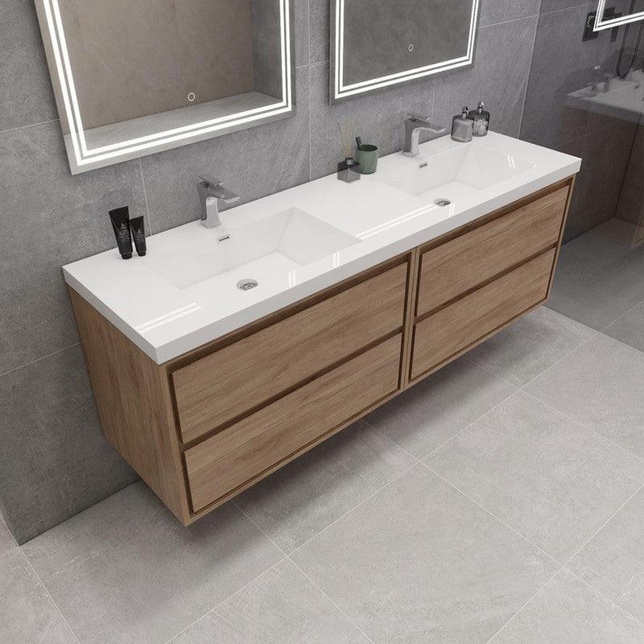 Eden 72&quot; 3-Piece White Oak Wall-Mounted Modern Vanity With Double Reinforced White Acrylic Sinks