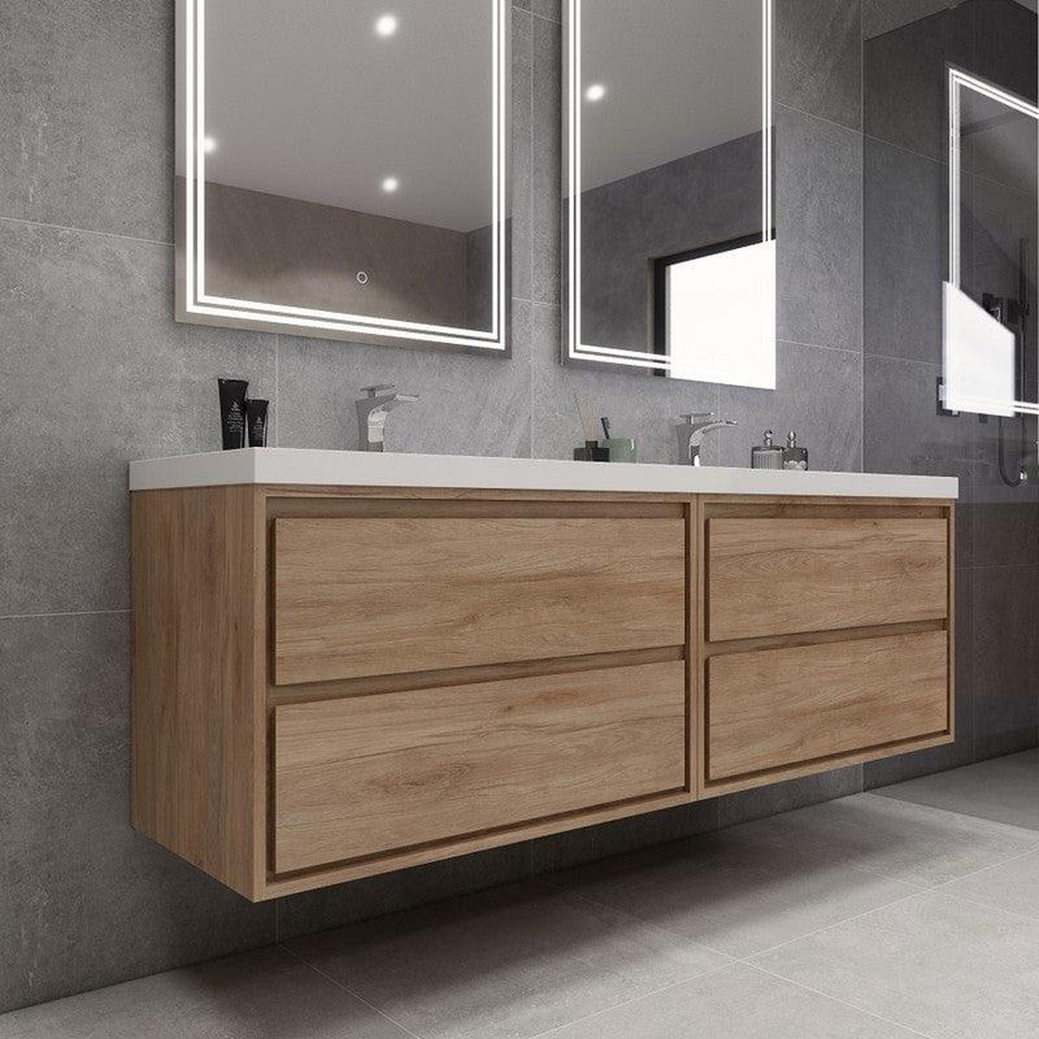 Eden 72&quot; 3-Piece White Oak Wall-Mounted Modern Vanity With Double Reinforced White Acrylic Sinks