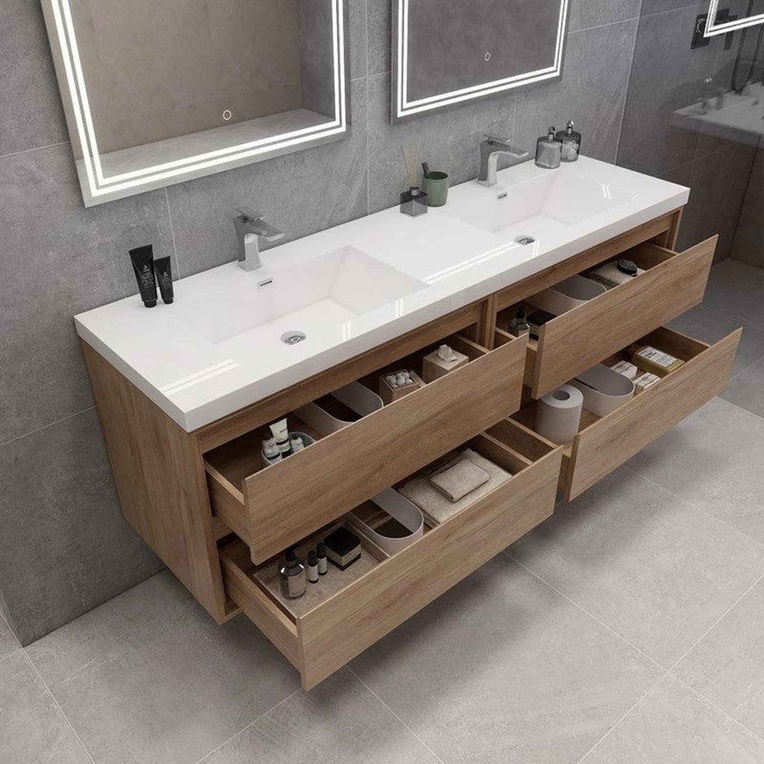 Eden 72&quot; 3-Piece White Oak Wall-Mounted Modern Vanity With Double Reinforced White Acrylic Sinks