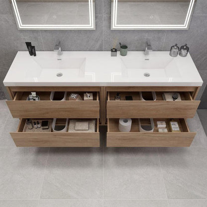 Eden 72&quot; 3-Piece White Oak Wall-Mounted Modern Vanity With Double Reinforced White Acrylic Sinks