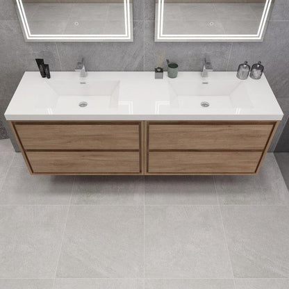 Eden 72&quot; 3-Piece White Oak Wall-Mounted Modern Vanity With Double Reinforced White Acrylic Sinks