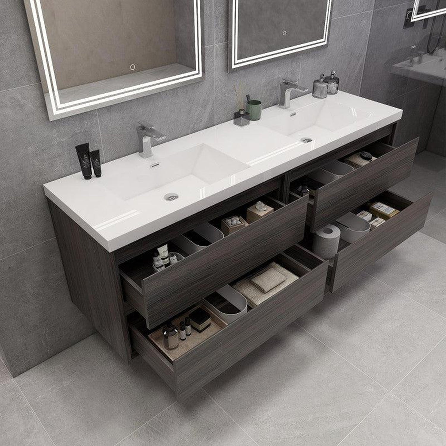 Eden 72&quot; Dark Gray Oak Wall-Mounted Modern Vanity With Double Reinforced White Acrylic Sinks