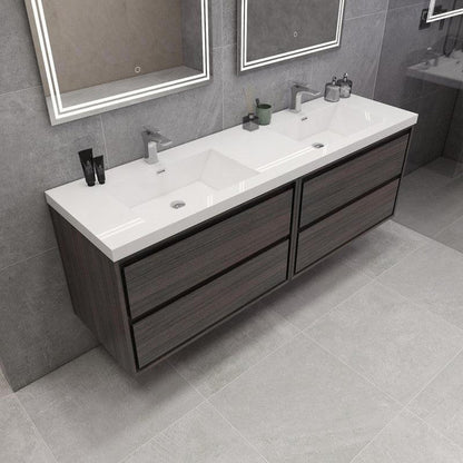 Eden 72&quot; Dark Gray Oak Wall-Mounted Modern Vanity With Double Reinforced White Acrylic Sinks