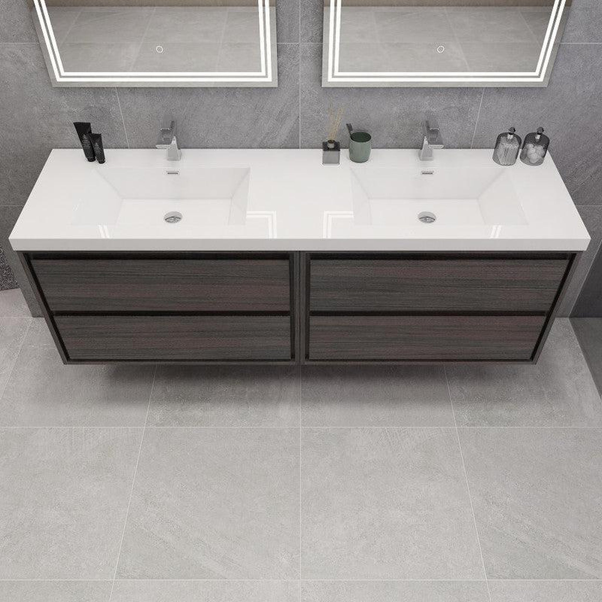 Eden 72&quot; Dark Gray Oak Wall-Mounted Modern Vanity With Double Reinforced White Acrylic Sinks