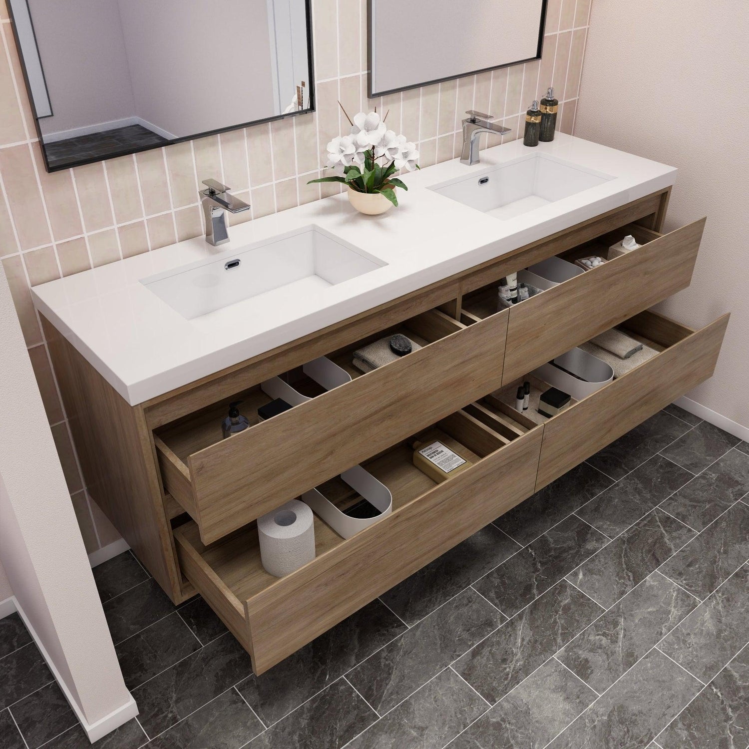 Eden 72&quot; White Oak Wall-Mounted Modern Vanity With Double Reinforced White Acrylic Sinks