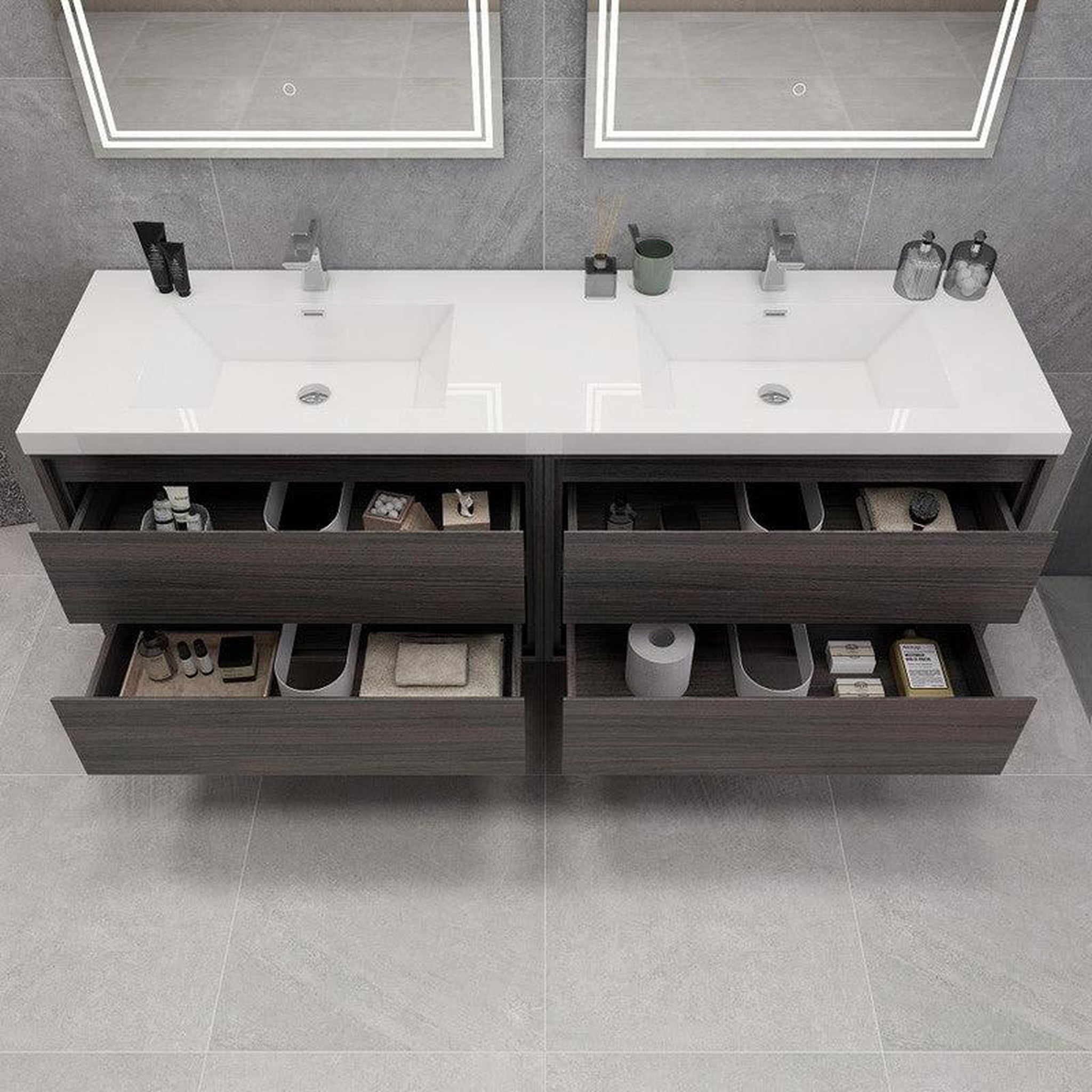 Eden 84&quot; Dark Gray Oak Wall-Mounted Modern Vanity With Double Reinforced White Acrylic Sinks