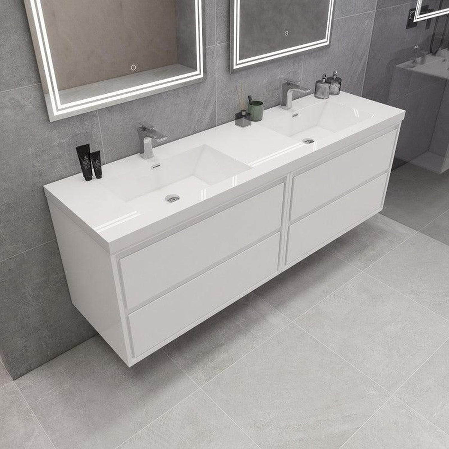 Eden 84&quot; High Gloss White Wall-Mounted Modern Vanity With Double Reinforced White Acrylic Sinks