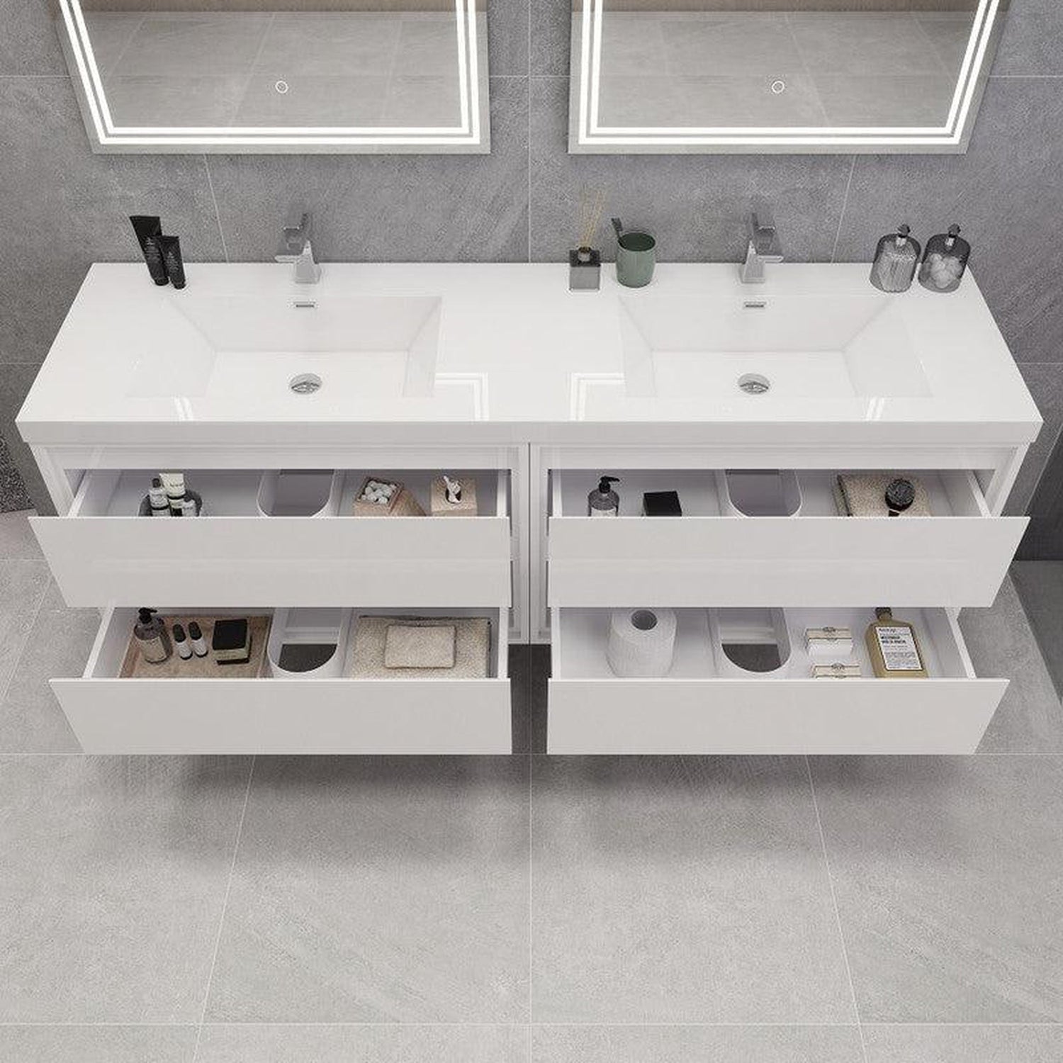 Eden 84&quot; High Gloss White Wall-Mounted Modern Vanity With Double Reinforced White Acrylic Sinks