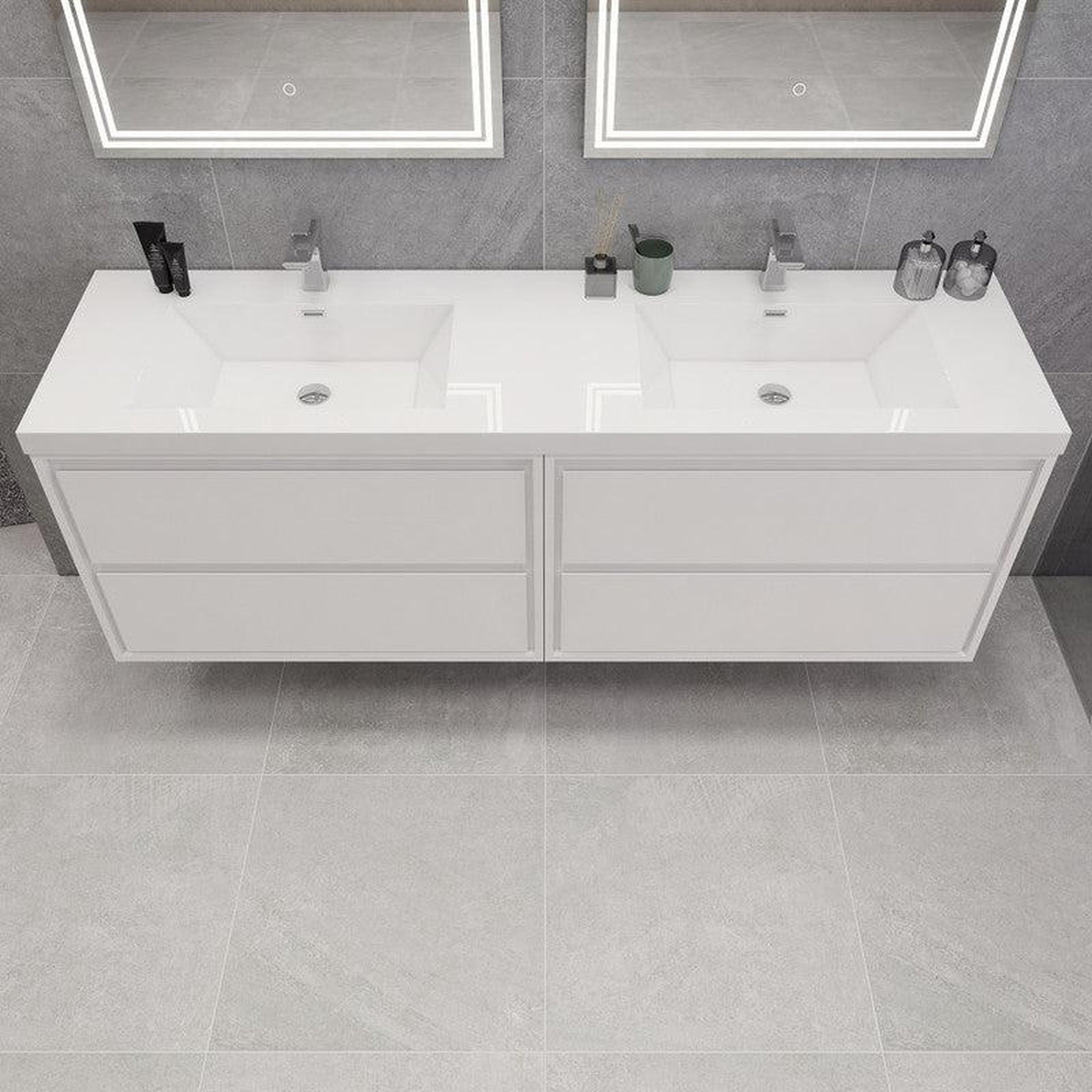 Eden 84&quot; High Gloss White Wall-Mounted Modern Vanity With Double Reinforced White Acrylic Sinks