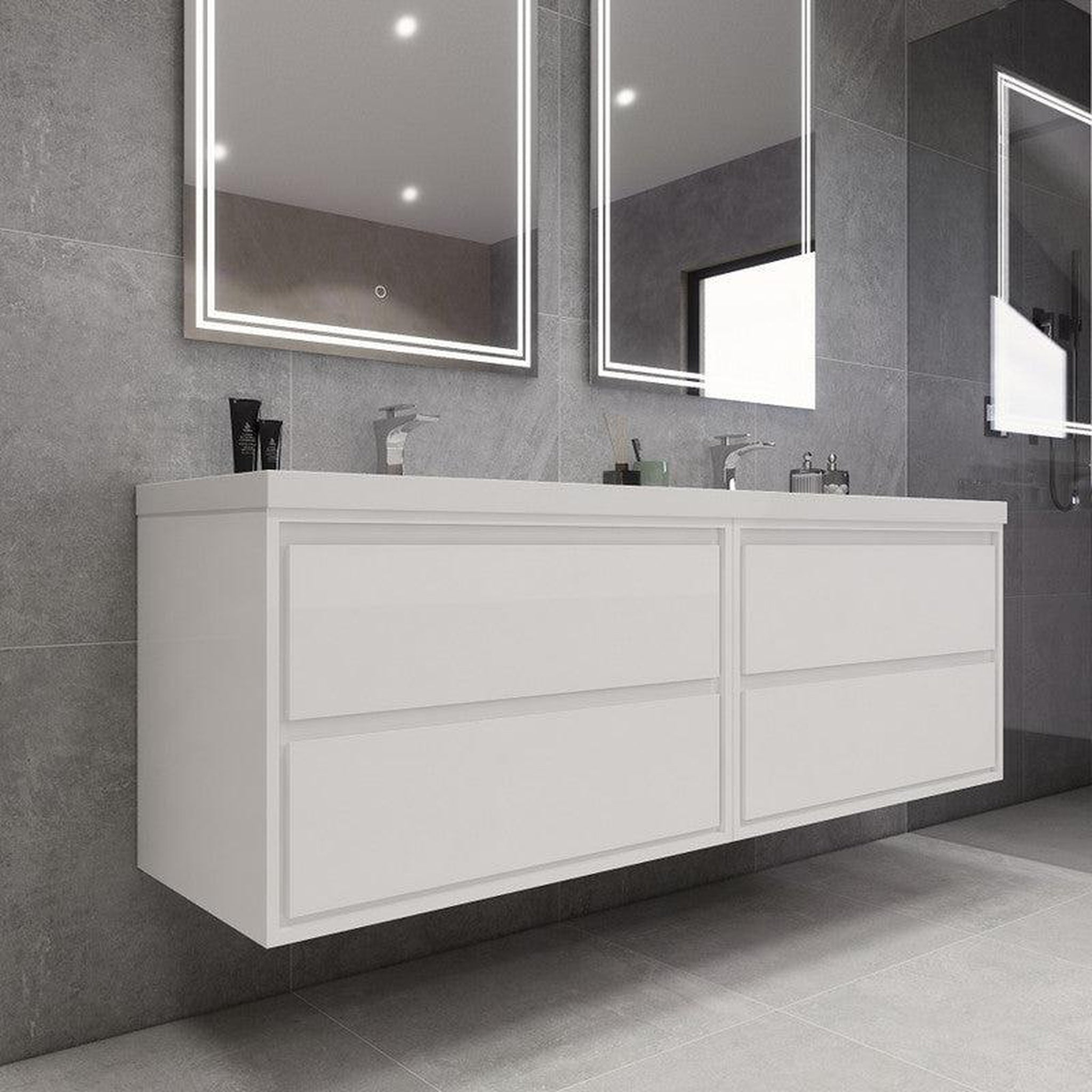 Eden 84&quot; High Gloss White Wall-Mounted Modern Vanity With Double Reinforced White Acrylic Sinks