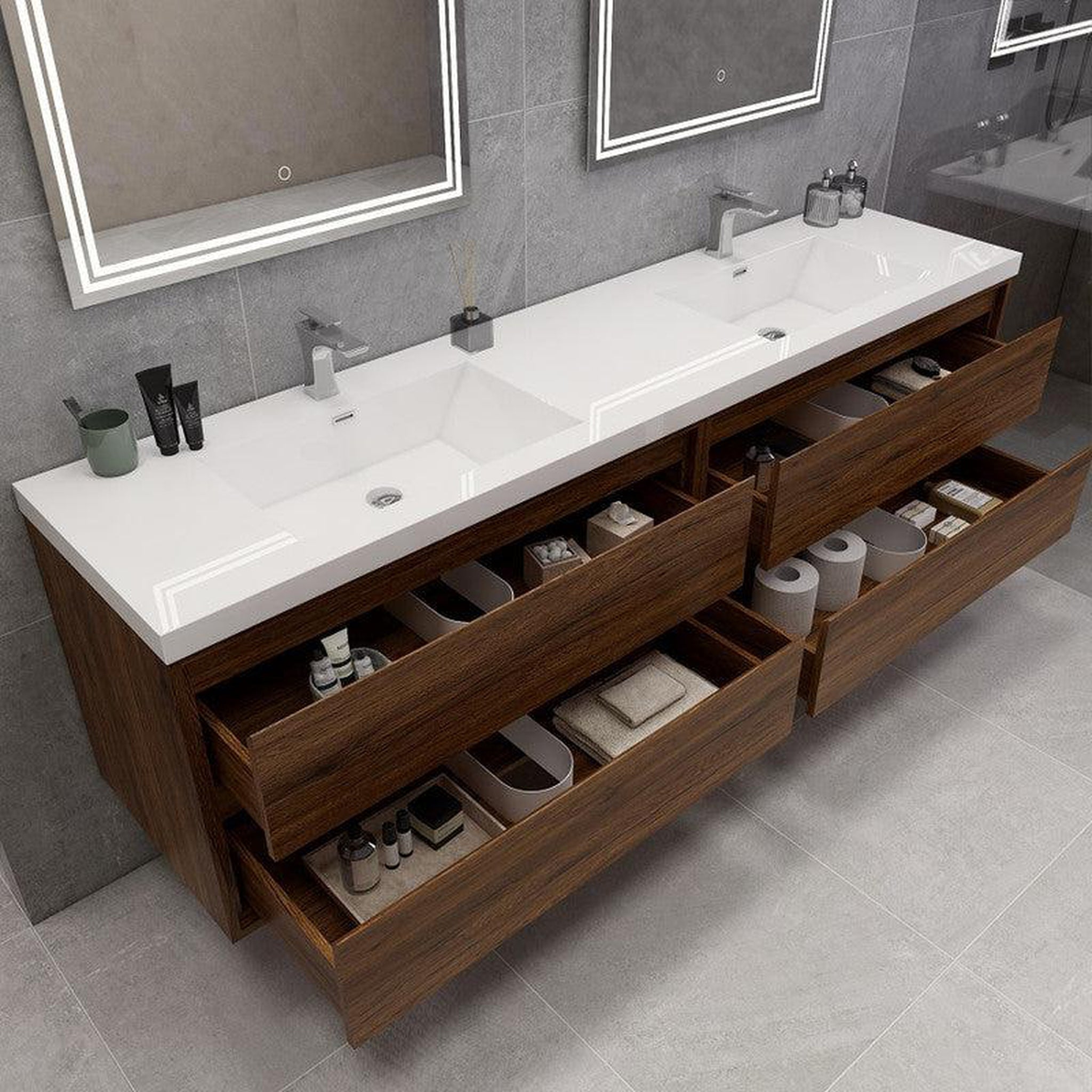 Eden 84&quot; Rosewood Wall-Mounted Modern Vanity With Double Reinforced White Acrylic Sinks