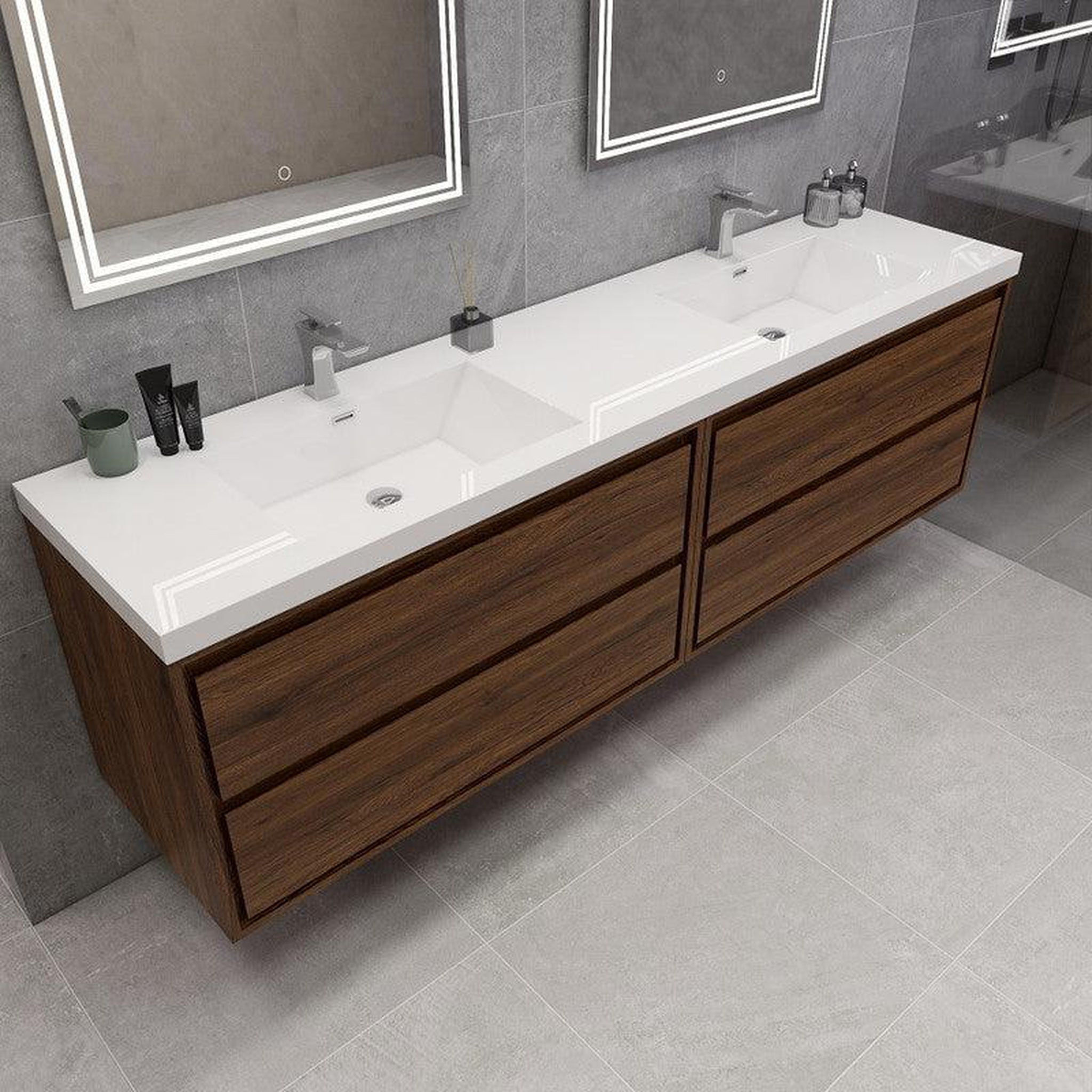 Eden 84&quot; Rosewood Wall-Mounted Modern Vanity With Double Reinforced White Acrylic Sinks