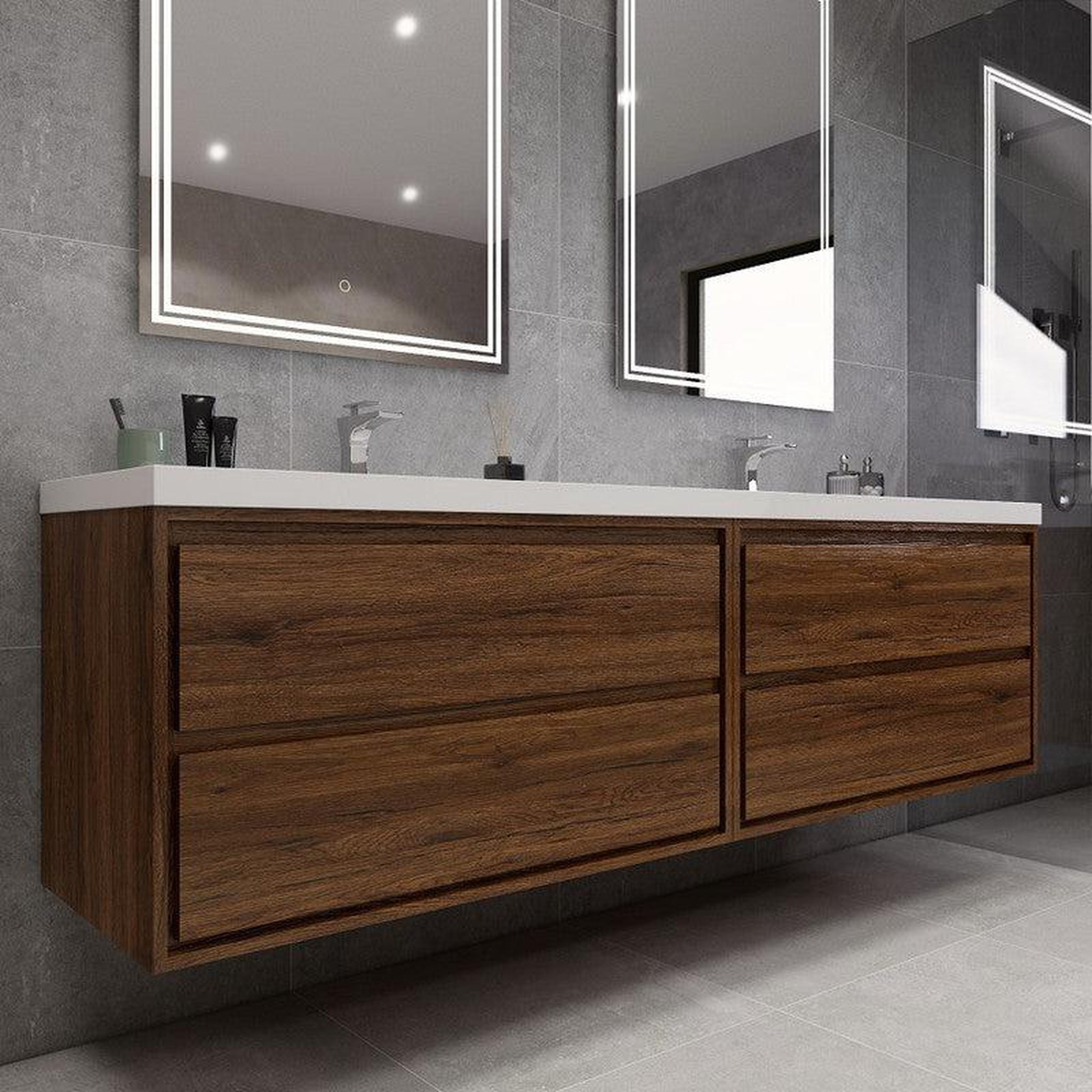 Eden 84&quot; Rosewood Wall-Mounted Modern Vanity With Double Reinforced White Acrylic Sinks