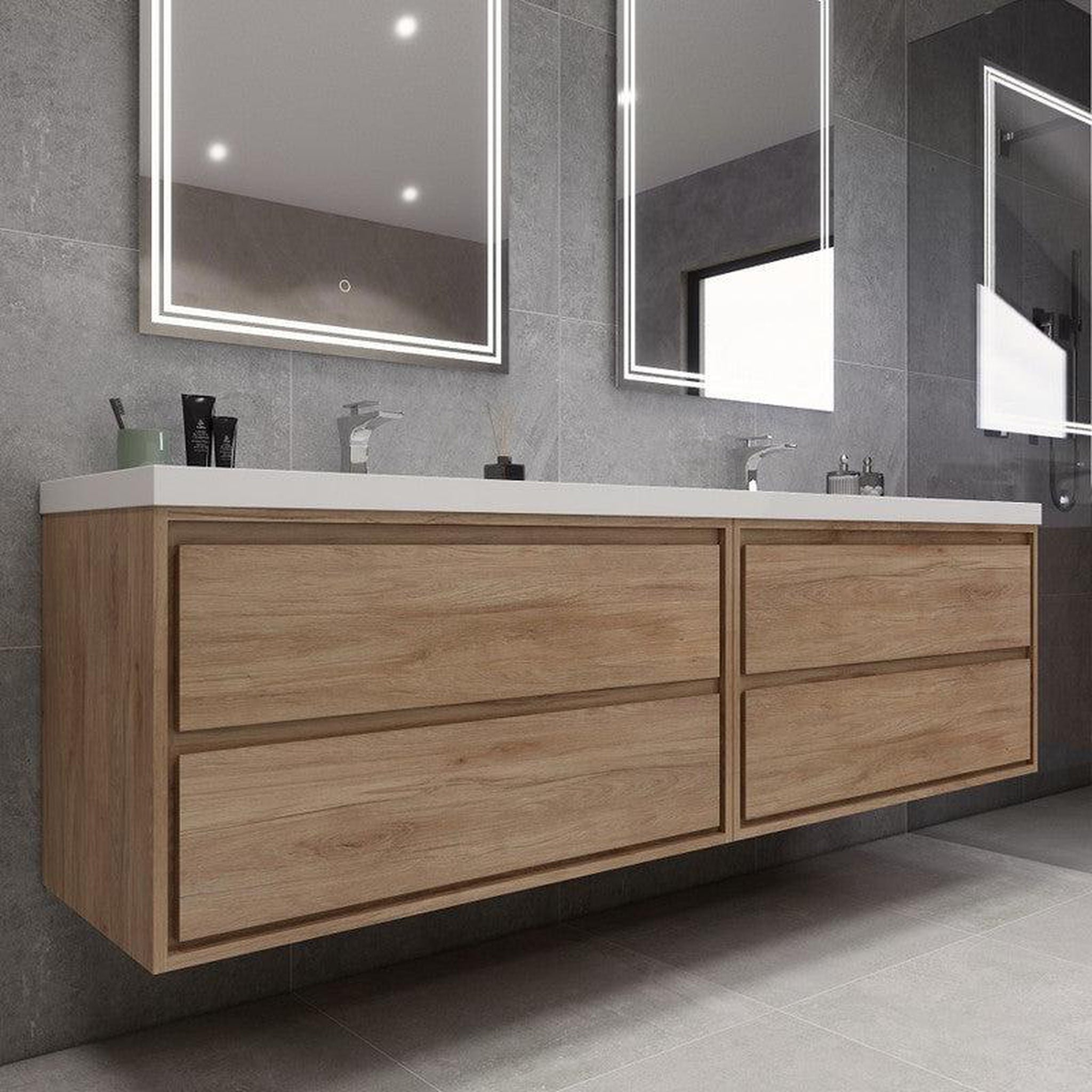 Eden 84&quot; White Oak Wall-Mounted Modern Vanity With Double Reinforced White Acrylic Sinks