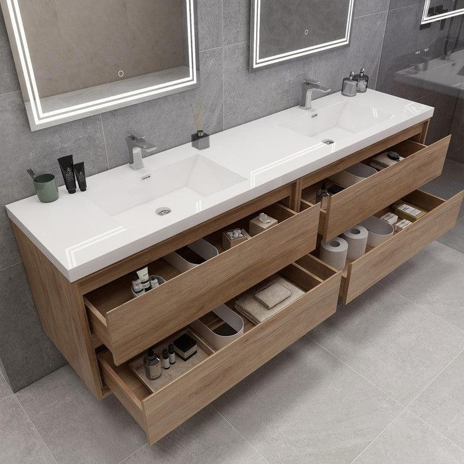 Eden 84&quot; White Oak Wall-Mounted Modern Vanity With Double Reinforced White Acrylic Sinks