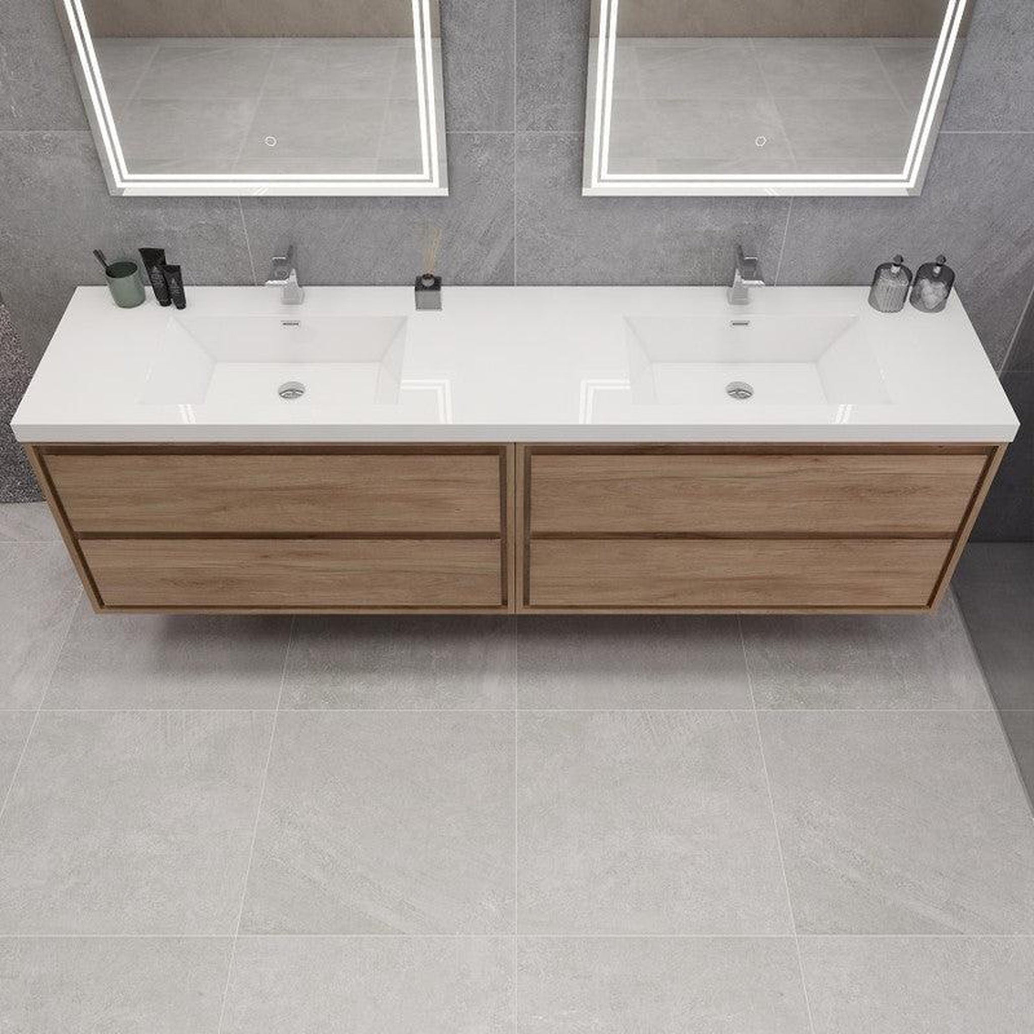 Eden 84&quot; White Oak Wall-Mounted Modern Vanity With Double Reinforced White Acrylic Sinks