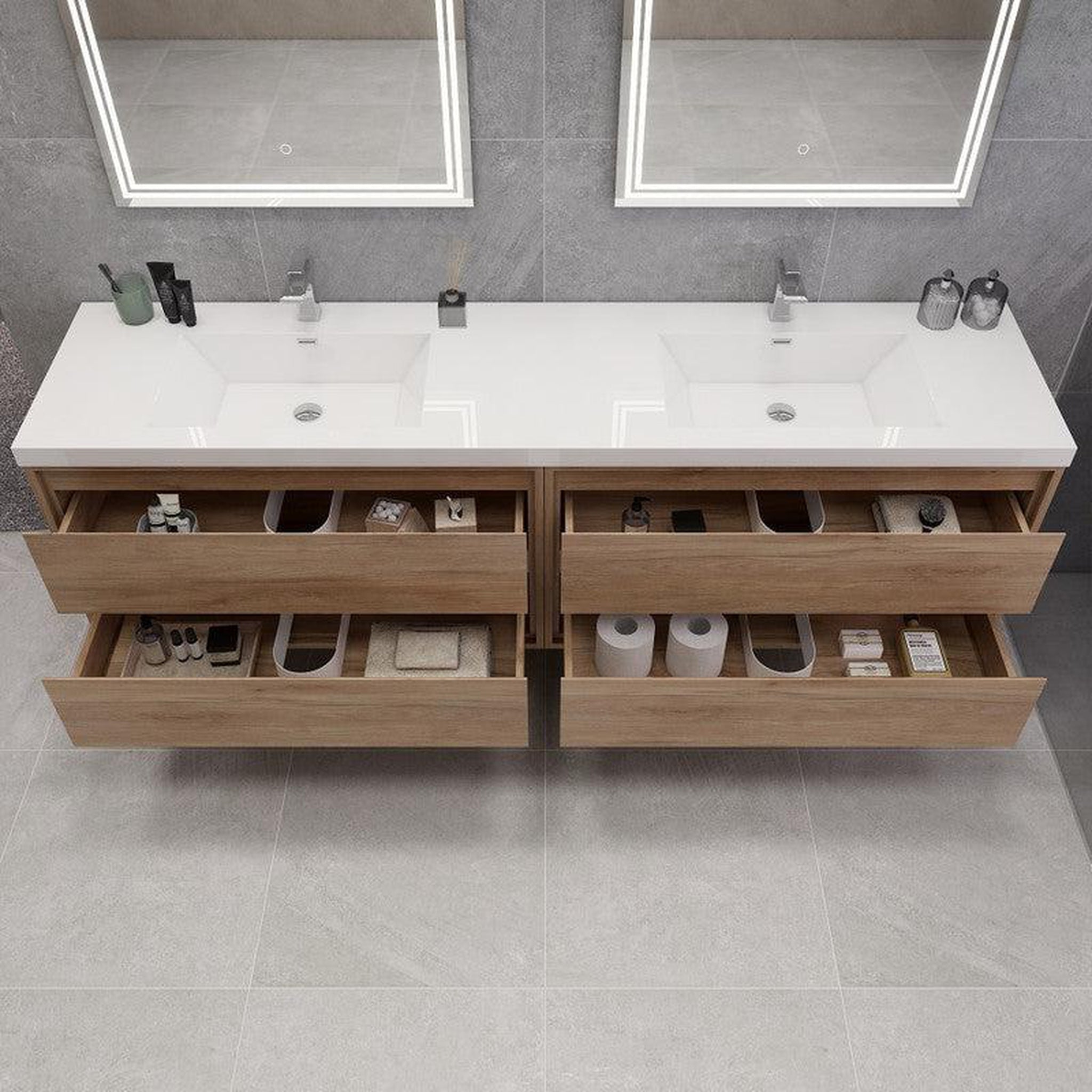 Eden 84&quot; White Oak Wall-Mounted Modern Vanity With Double Reinforced White Acrylic Sinks